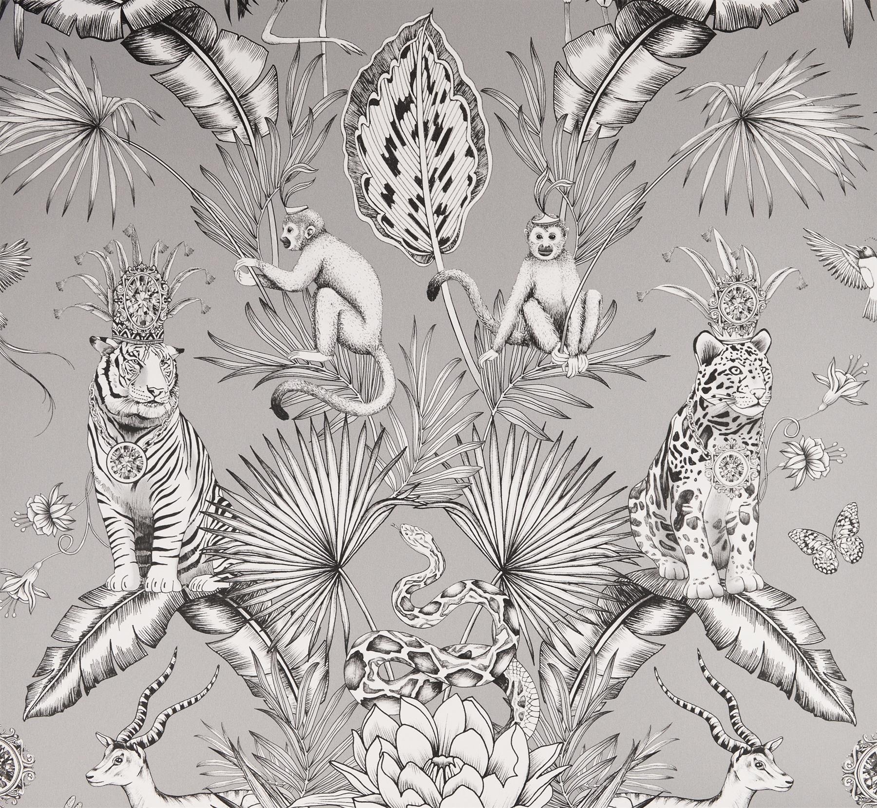 Floral Grey Wallpaper Animal Print Leopard baboons Trees Leaf Jungle