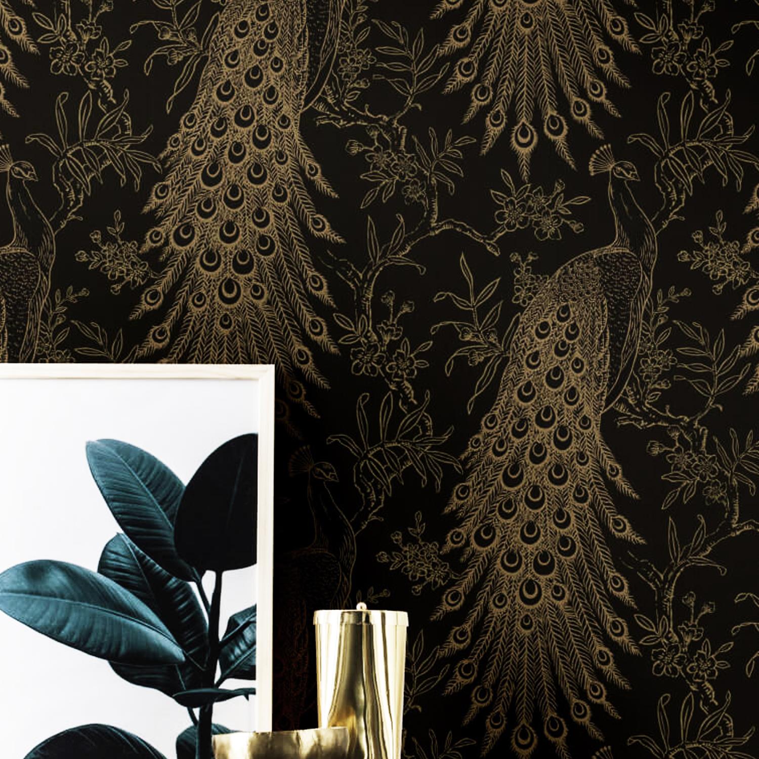 Pandore Peacock Wallpaper Black Gold Metallic Textured Birds Exotic