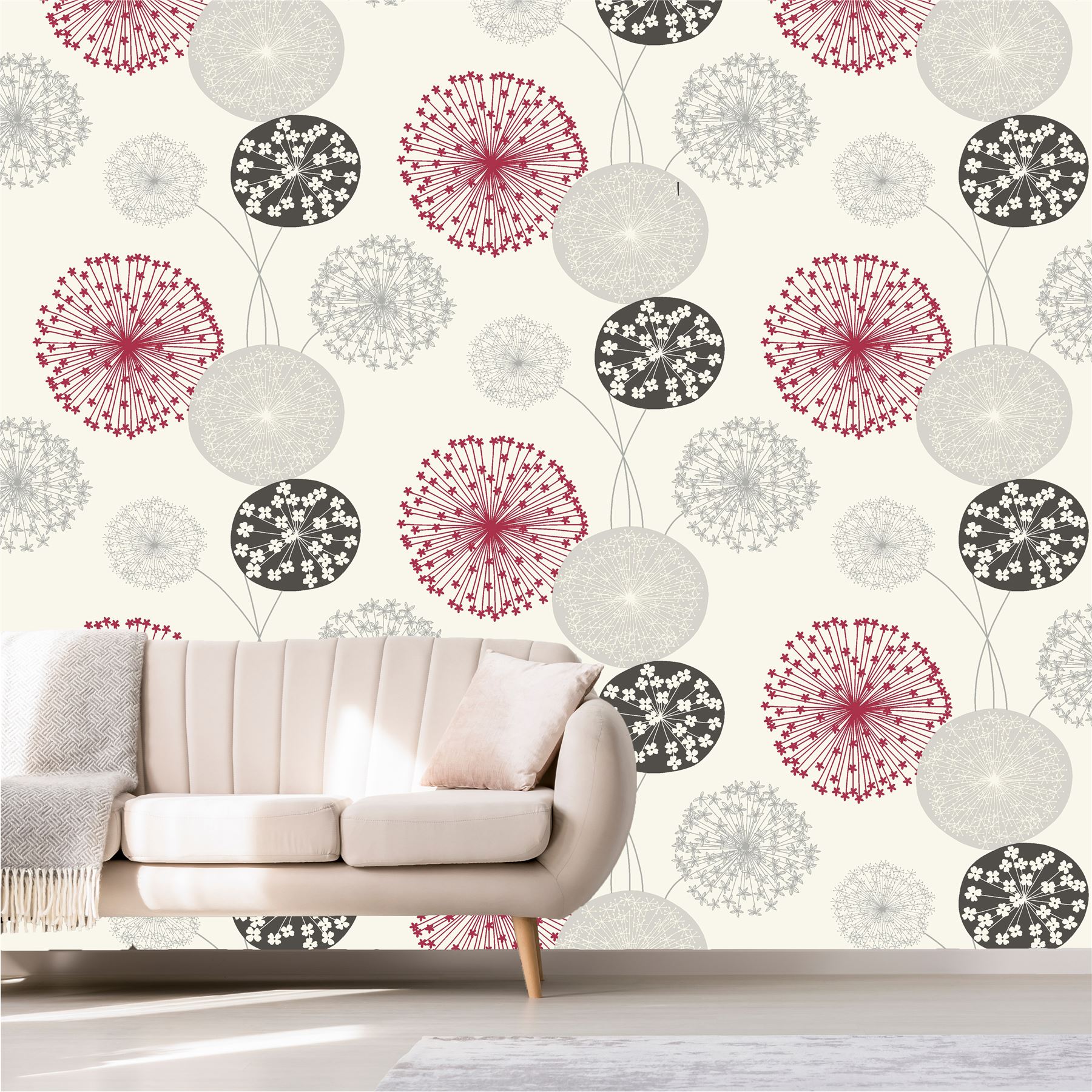 Large Dandelion Floral Wallpaper Flowers Cream Red Grey ...