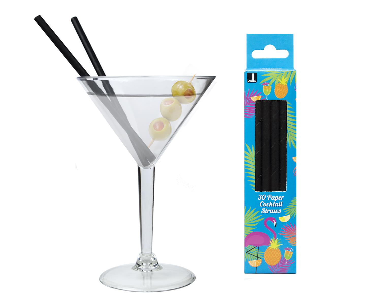 Martini Cocktail Glasses Set Clear Plastic Cup Black Paper Straws Party
