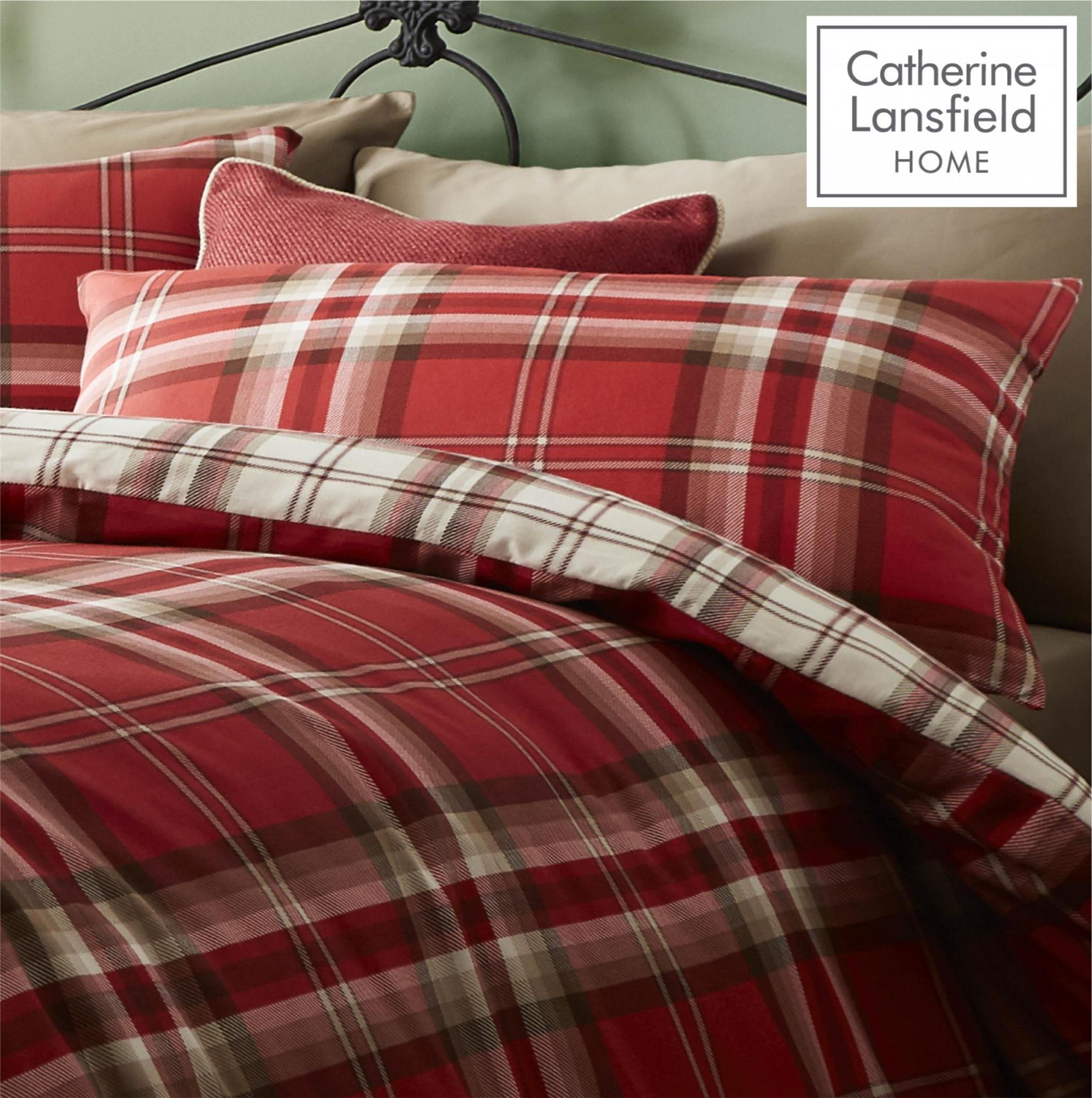 Catherine Lansfield Duvet Set Reversible Check Bedding Red Pillowcase Curtains eBay