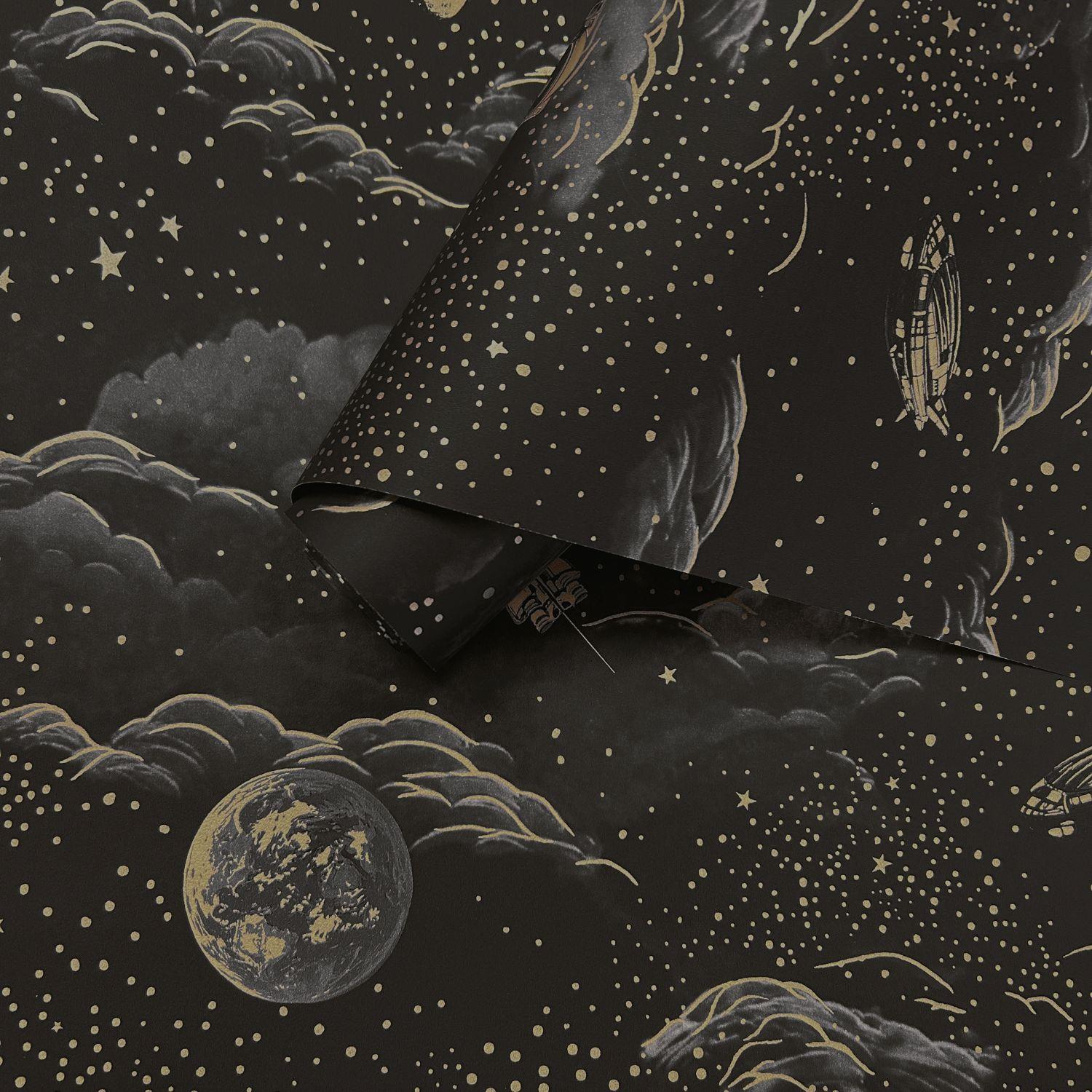 Lost In Space Black Gold Blue Silver Wallpaper Washable Kids Room Toy Room - Picture 3 of 14