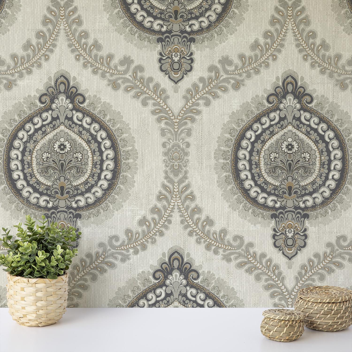 Wallquest Sunhani Damask Wallpaper Classic Traditional Floral Acrylic Coated - Picture 4 of 22