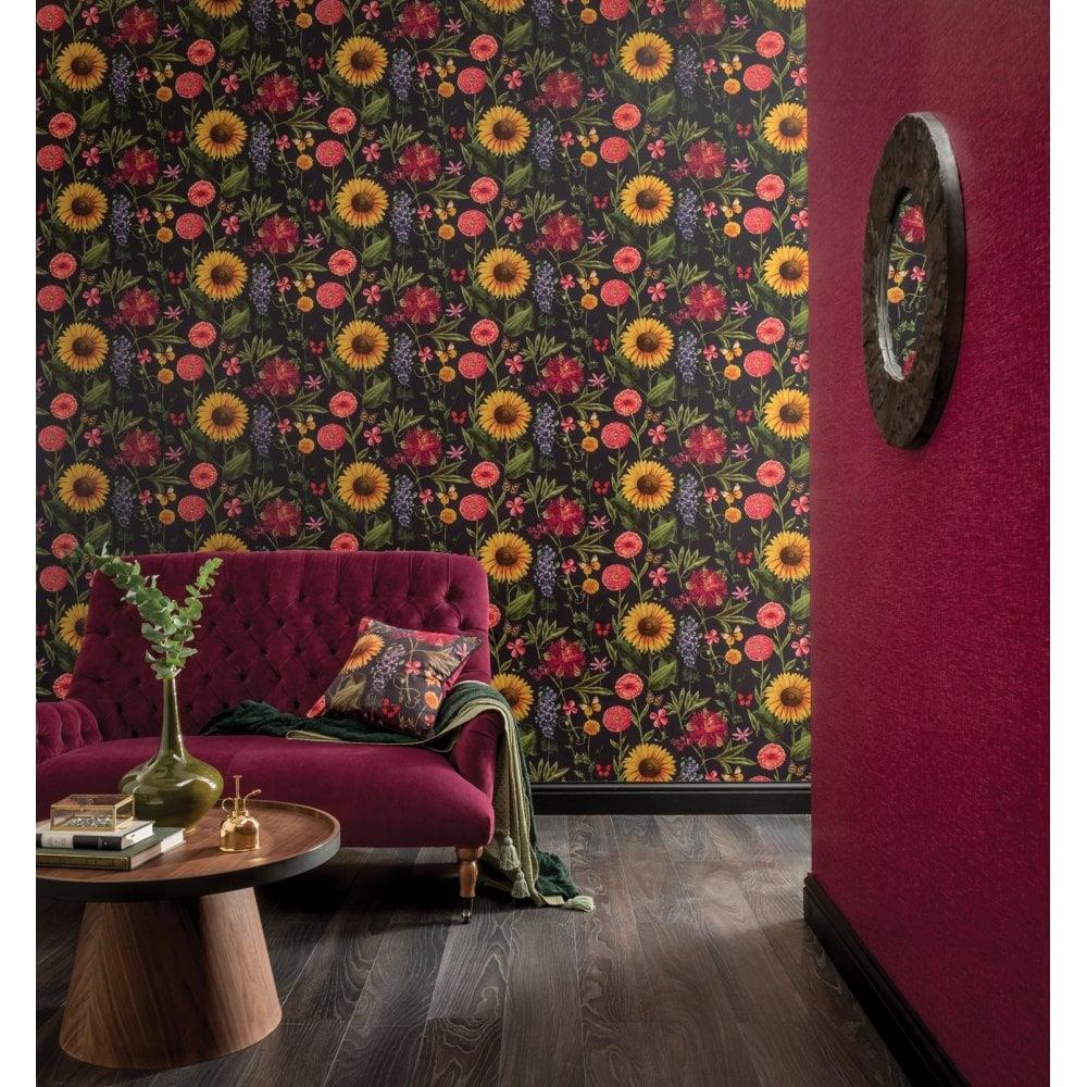 Summer Garden Flower Floral Wallpaper Metallic Sunflower Butterfly Leaf Arthouse