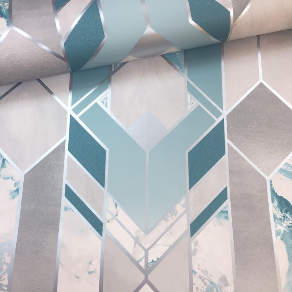 Elixir Geometric Marble Wallpaper Grey Rose Gold Teal Silver Metallic