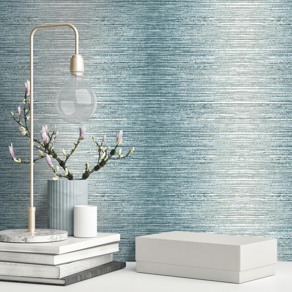 Arlo Teal Ombre Stripe Wallpaper Lines White Silver Metallic Shimmer