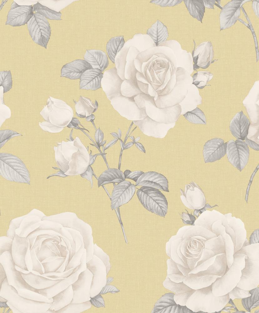 Flower Floral Roses Wallpaper Yellow Grey Beige Hessian Linen Effect Textured
