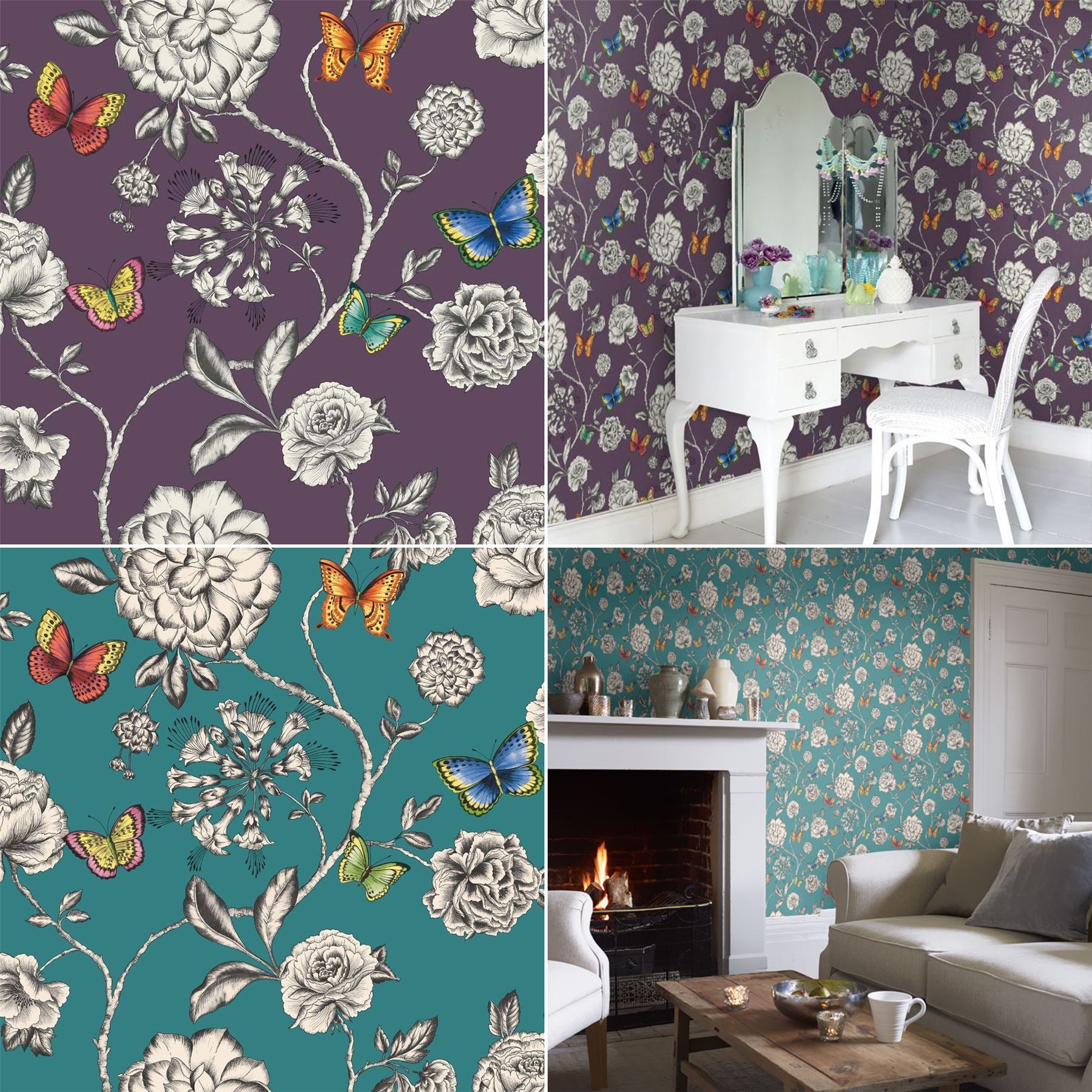 Vintage Chic Floral Butterfly Wallpaper Flowers Pink Red Blue Paste The Wall