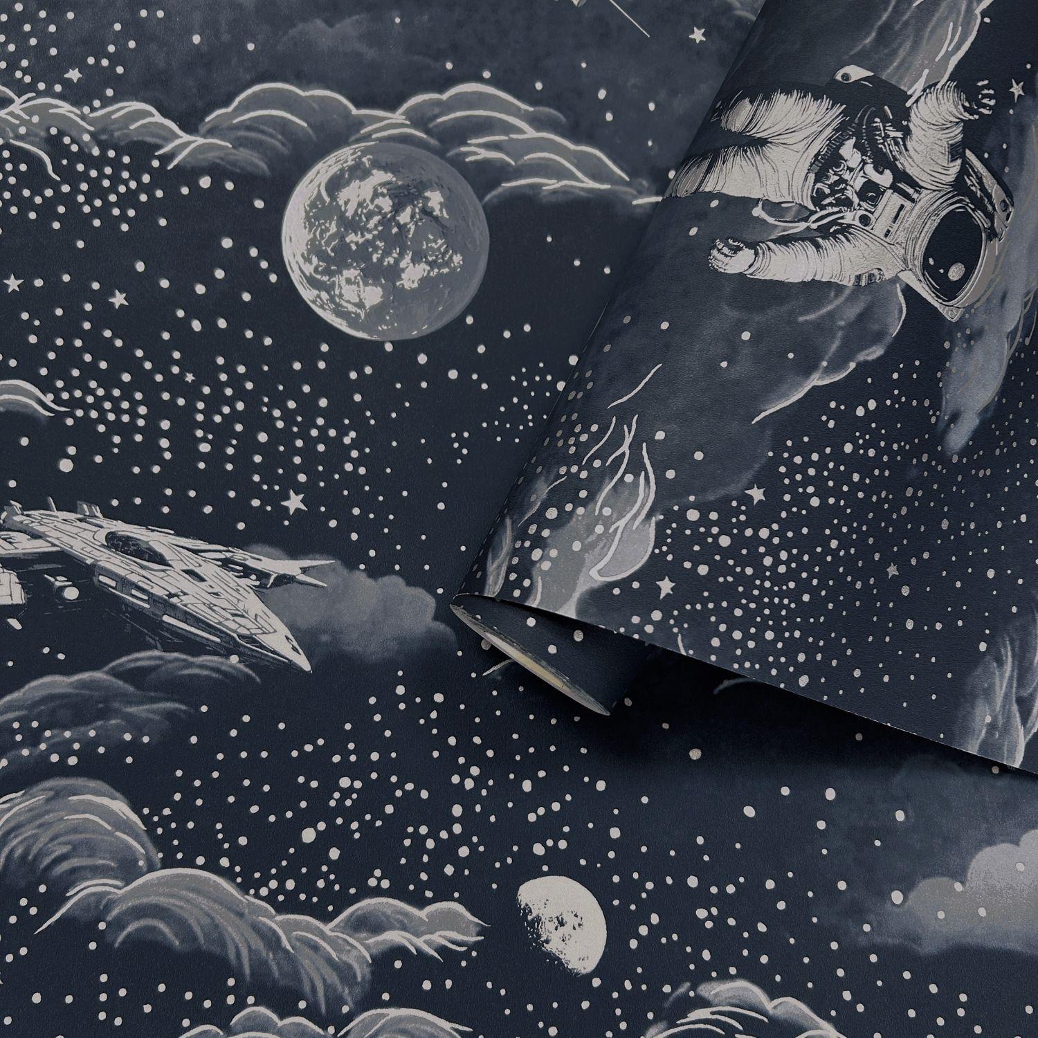 Lost In Space Black Gold Blue Silver Wallpaper Washable Kids Room Toy Room - Picture 10 of 14