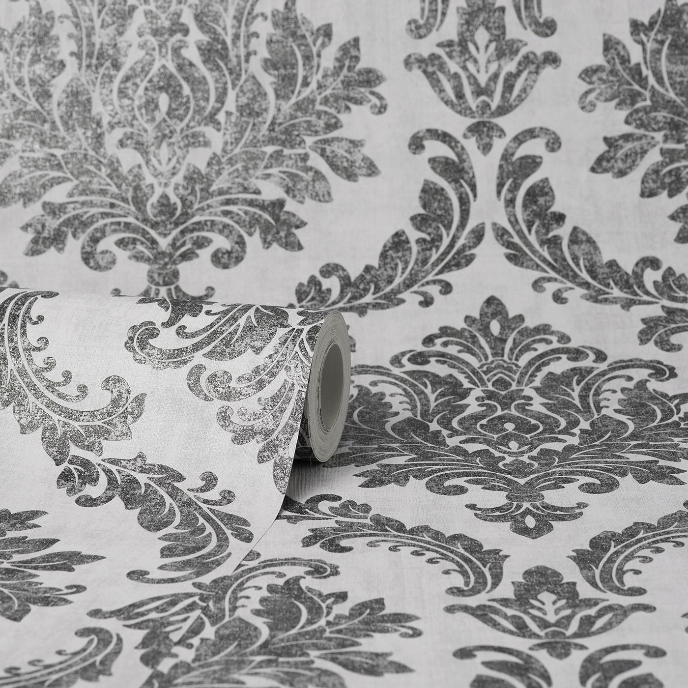 Tulsa Damask Wallpaper Crown Black Charcoal Grey Textured Glitter