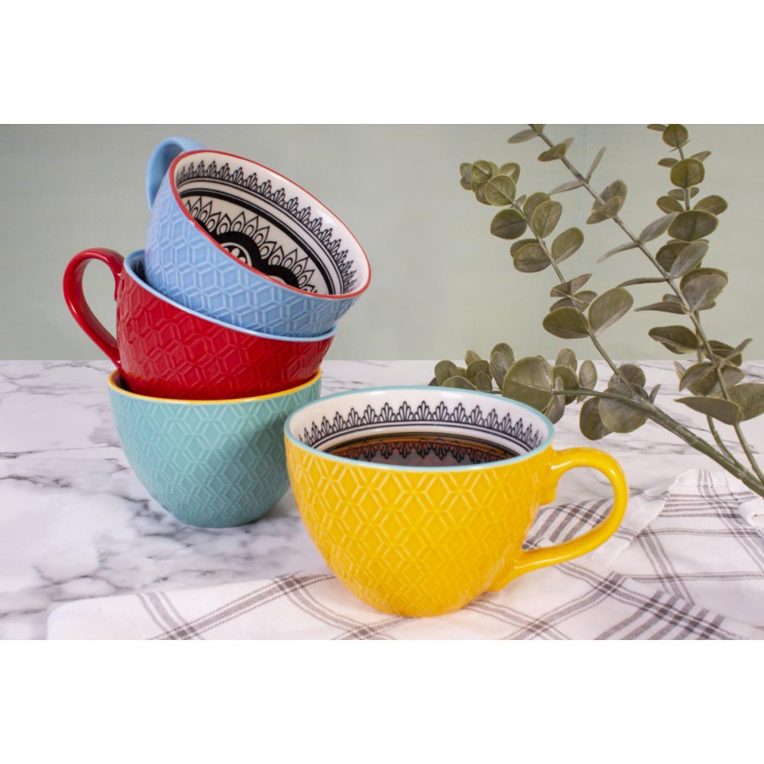 Set Of 4 Bohemian Embossed Mugs – New Bone China Coffee & Tea Cups, Mix Design