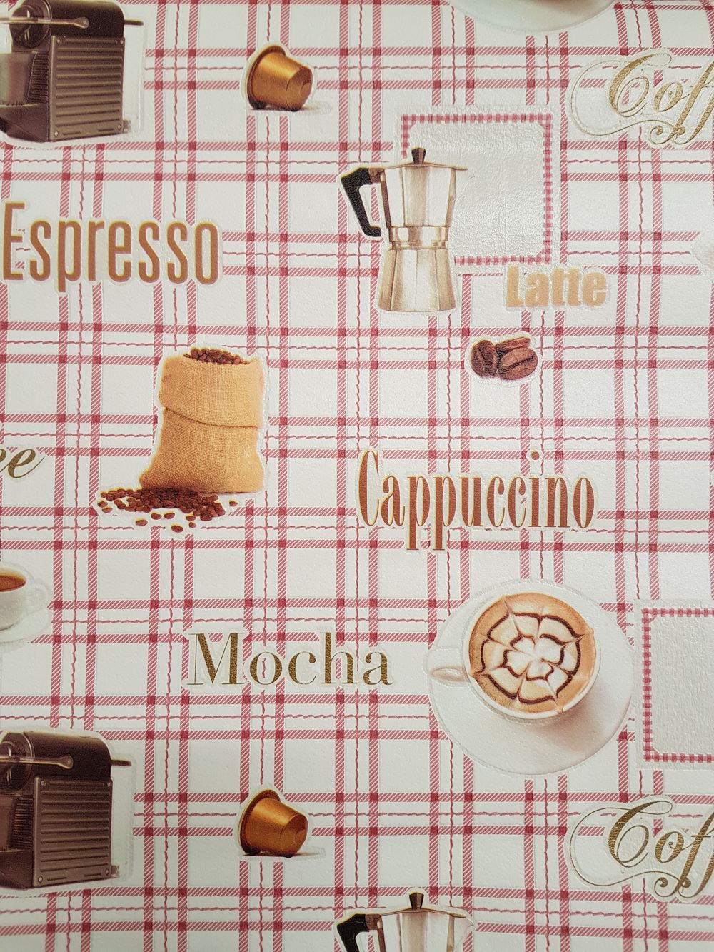 Red Check Kitchen Wallpaper Blown Vinyl Plaid Coffee Beans Latte Pods Cappuccino