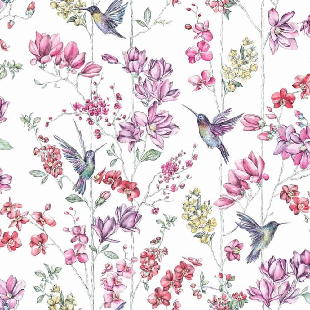 Glitter Hummingbird Wallpaper Holden Floral White Teal Pink Lilac Yellow Blue