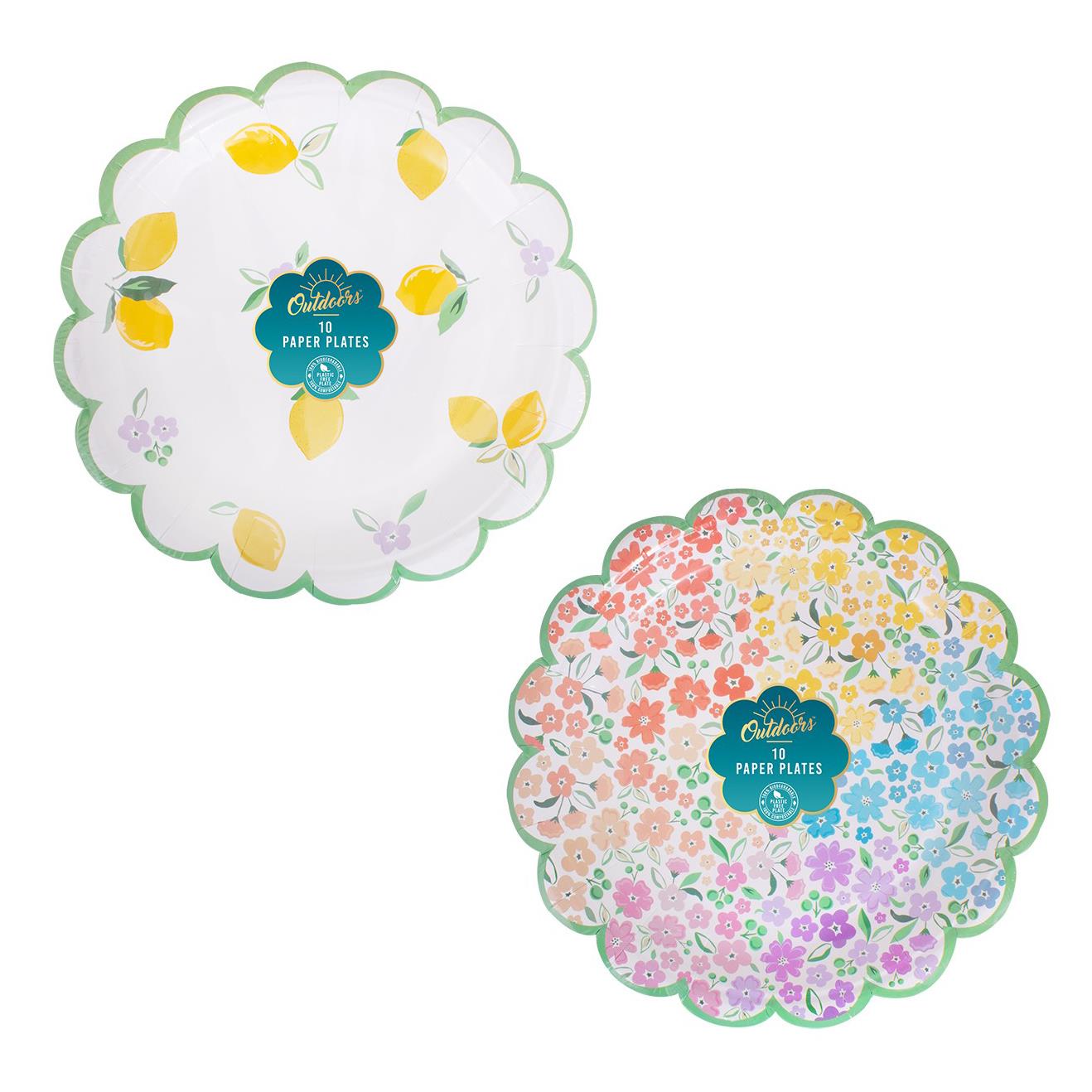 Pequeñas placas de papel con borde de vieira diseño floral limón cena picnic fiesta - Imagen 2 de 13