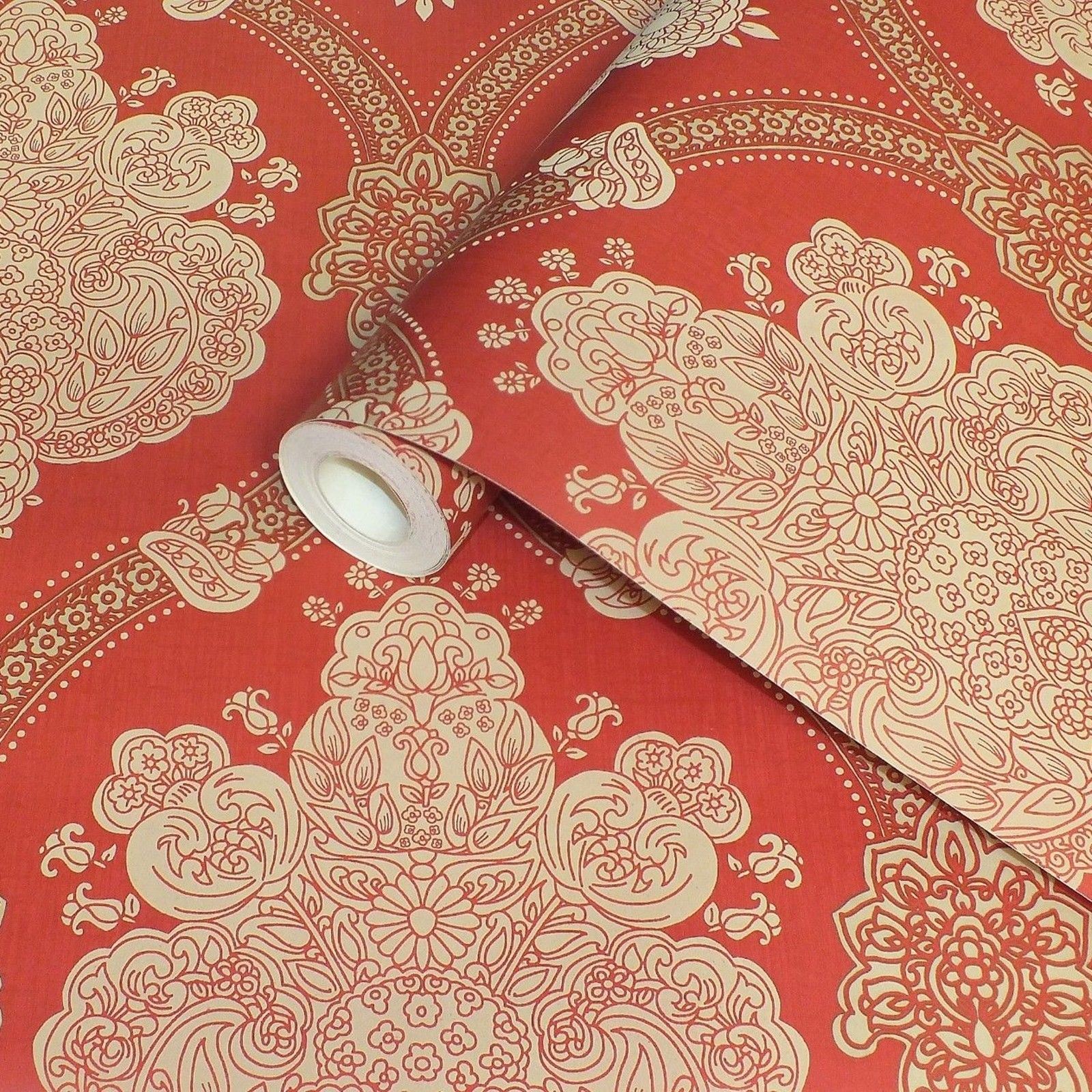 Red Beige Damask Wallpaper Textured Suede Vinyl Modern Moselle