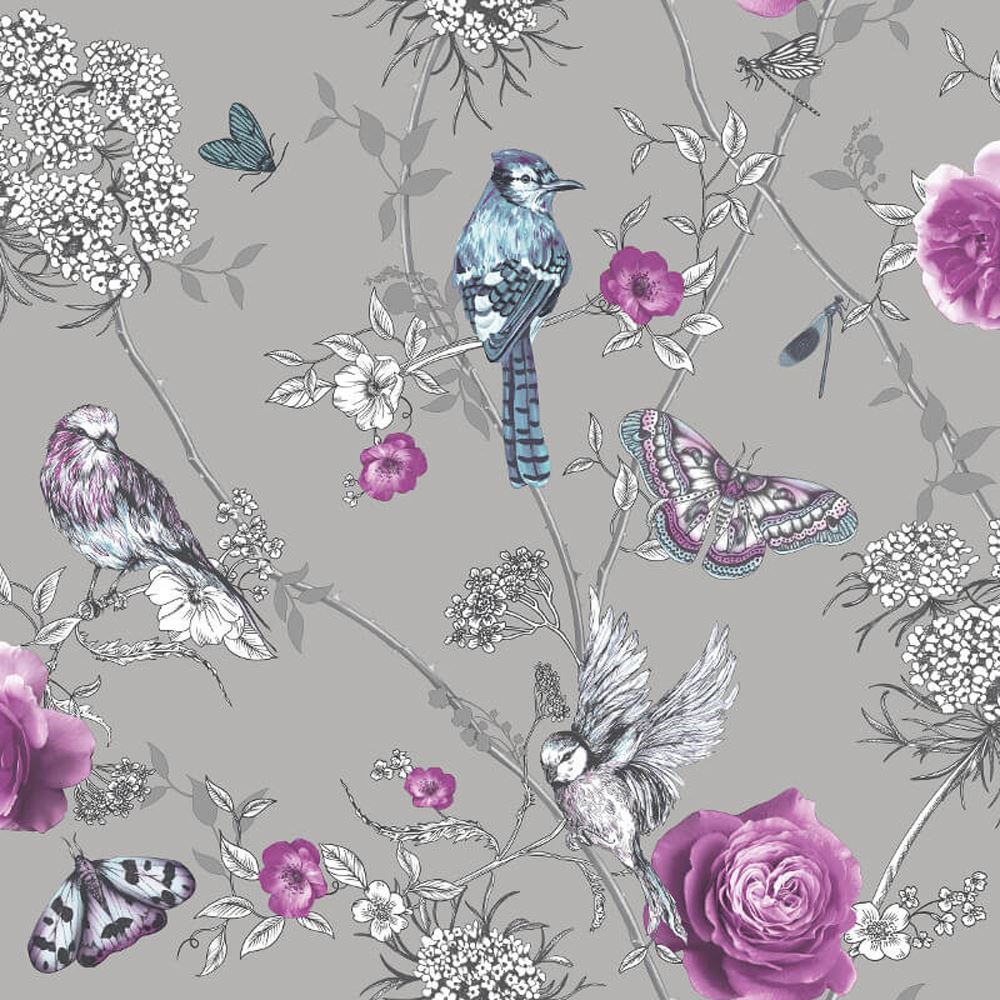 Garden Birds Silver Floral Wallpaper Metallic Glitter Feature Arthouse Paradise eBay