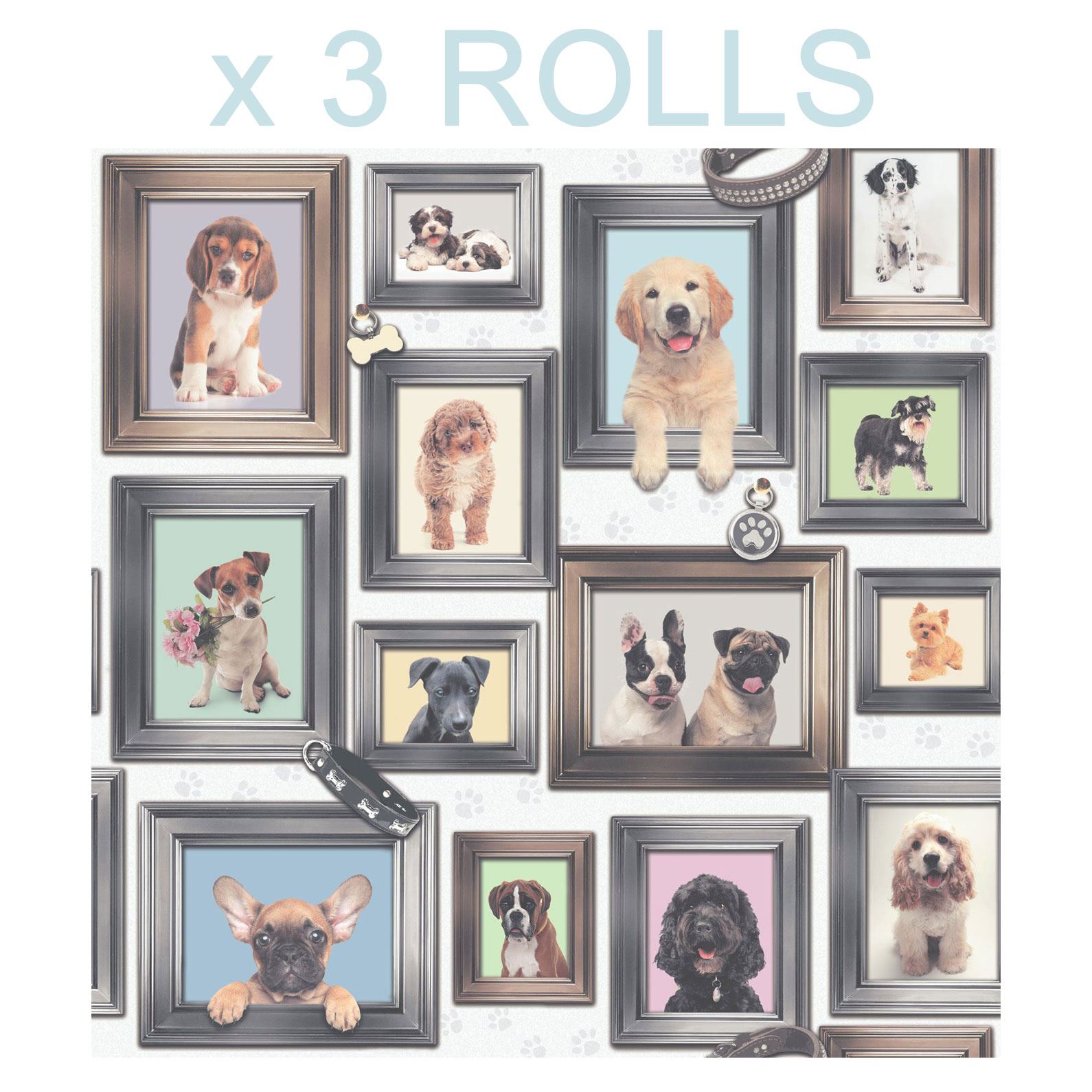 Details About Cute Dog Wallpaper Picture Frames Puppies Pug Quirky Paws Multi Bulk 3 Rolls