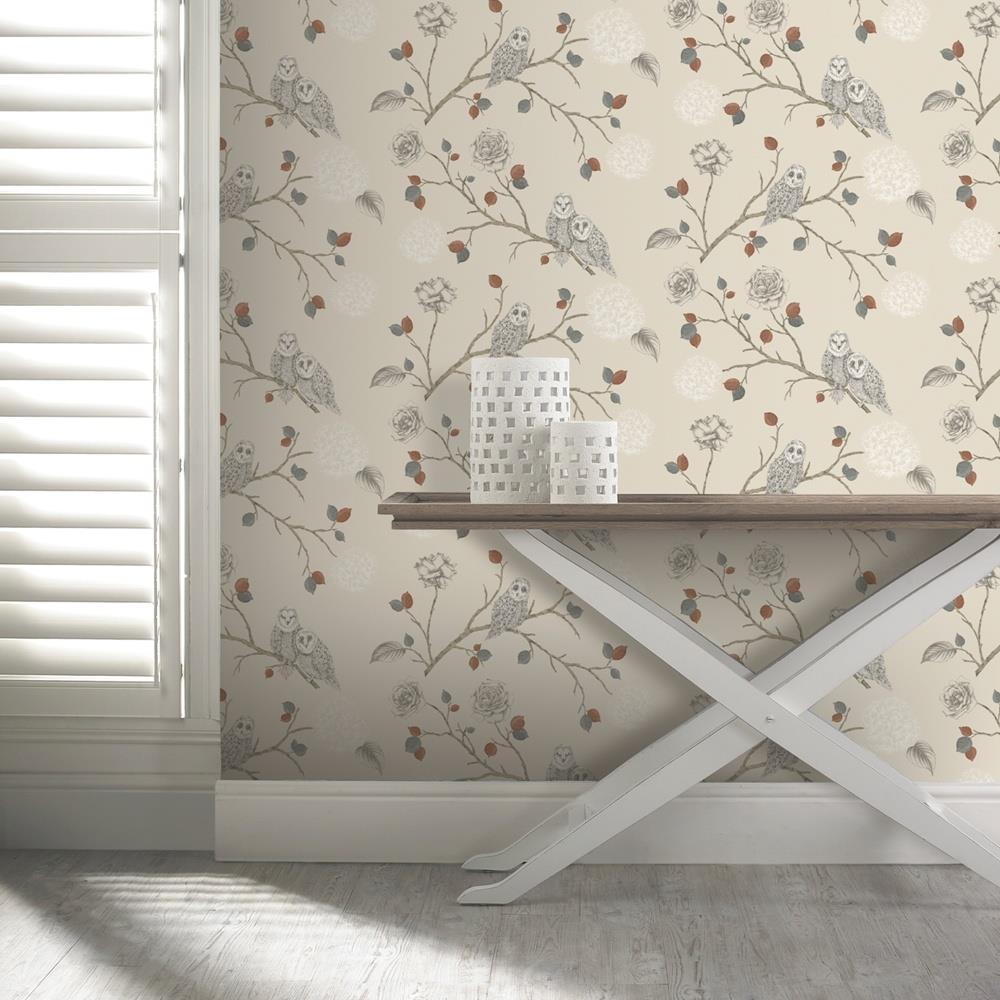 Arthouse Night Owl cuivre paillettes feuilles beige gris Branches Papier Peint 665000
