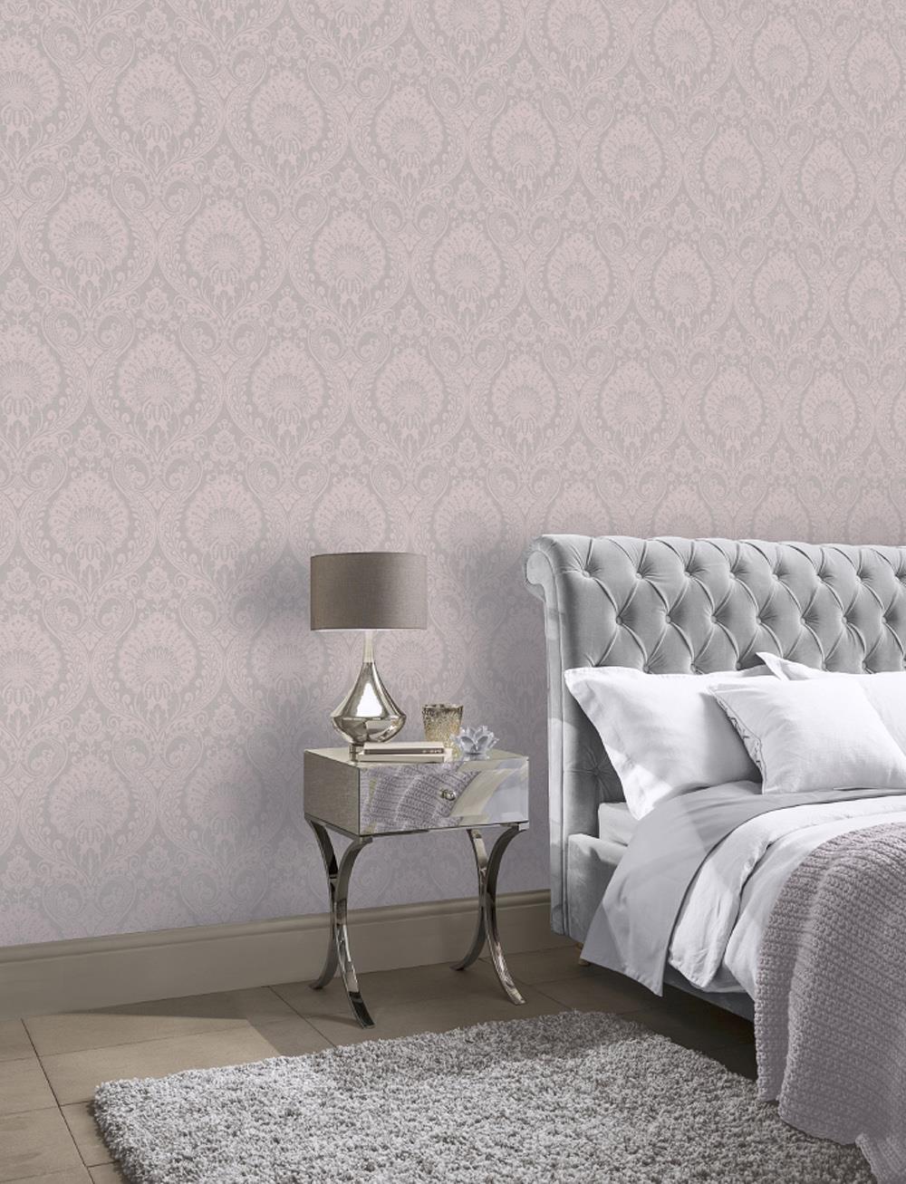 DAMASK WALLPAPER BLUE Pink Grey Gold Silver Metallic Shimmer Textured
