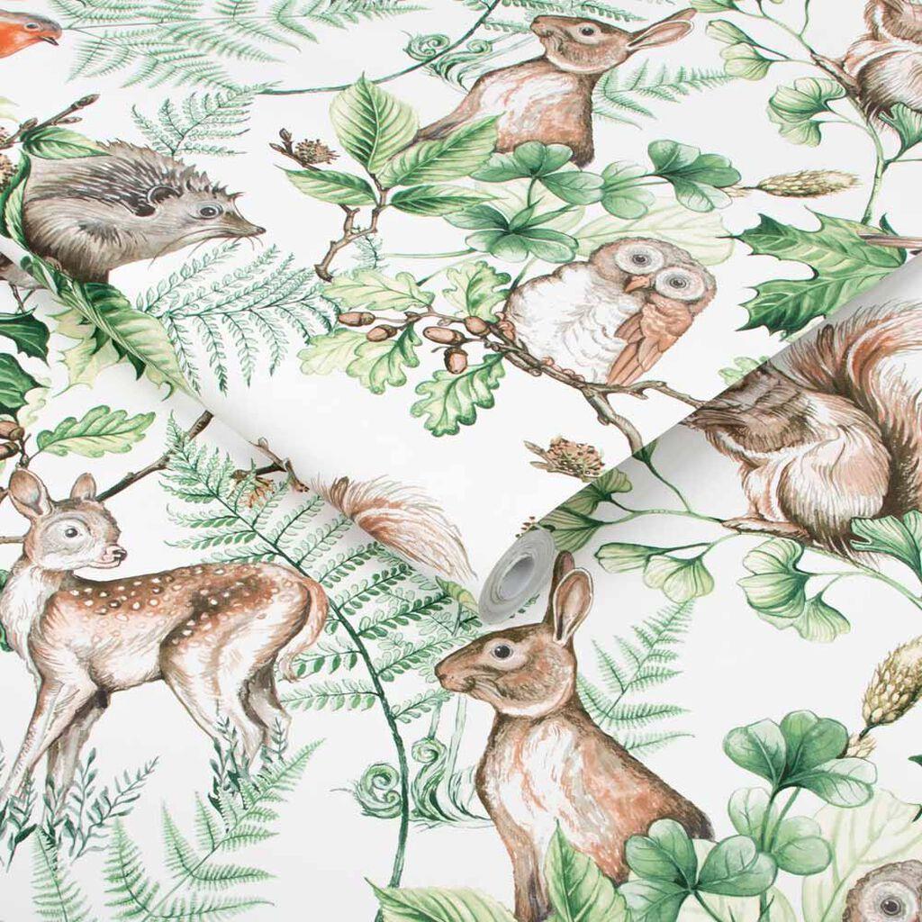 Woodland Animals Wallpaper Nature Forest Leaves Trees Navy Green