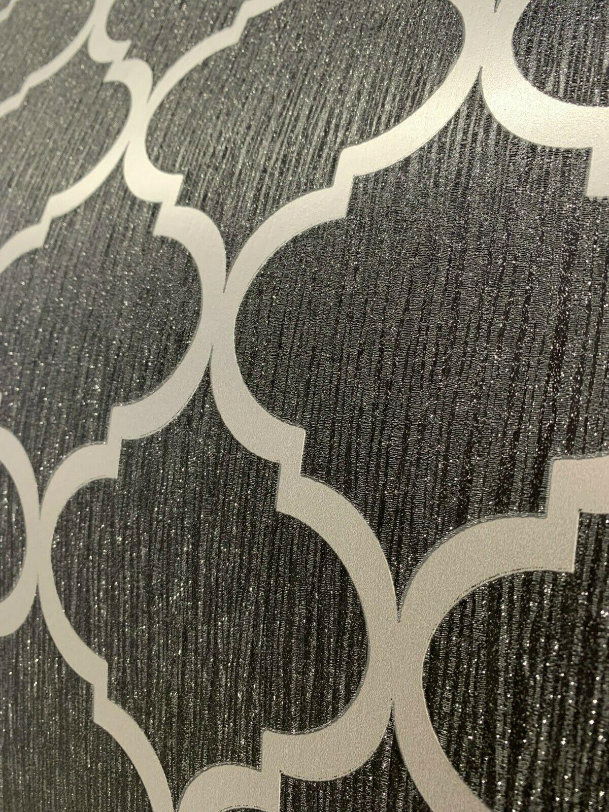 Crystal Trellis Wallpaper Glitter Geometric Black Blue White Ivory