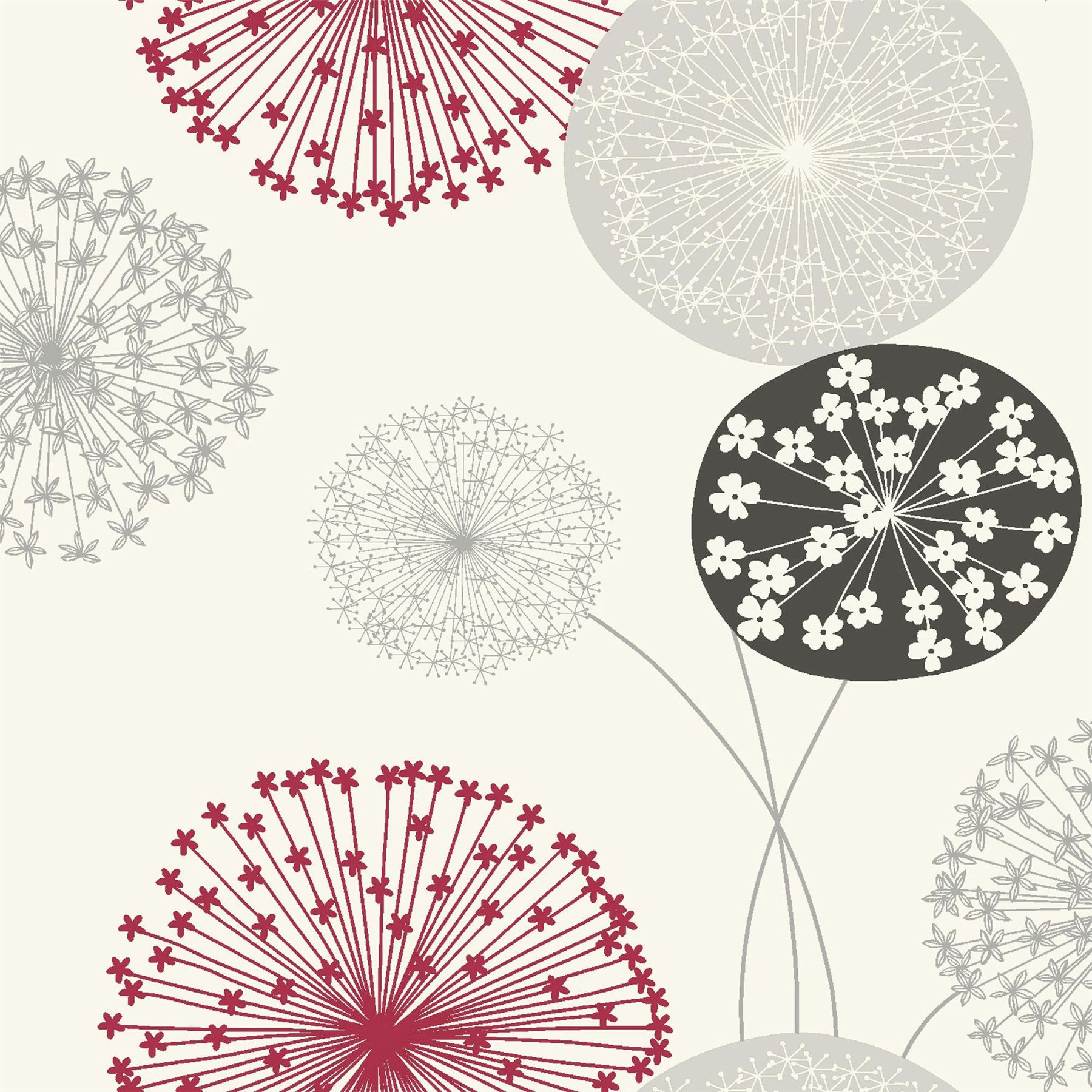 Large Dandelion Floral Wallpaper Flowers Red Grey Black Cream