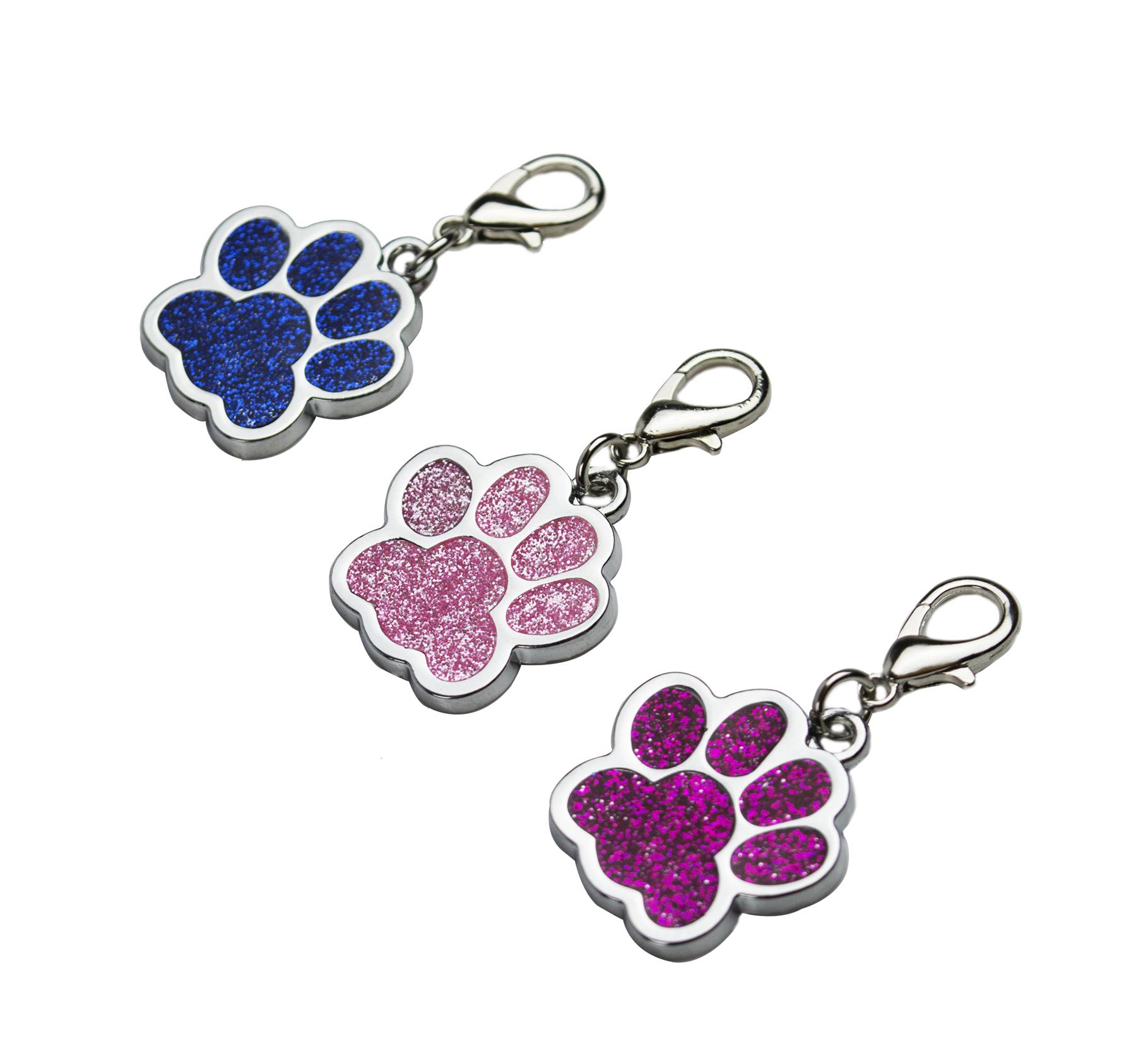 Paw Print Shape Engraved ID Tag Dog Cat Glitter Personalised