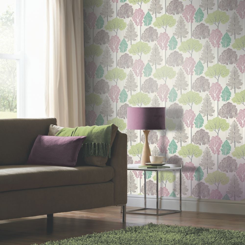 Tree Wallpaper Forest Leaves Glitter Sparkle Plum Green Silver Ellwood Arthouse