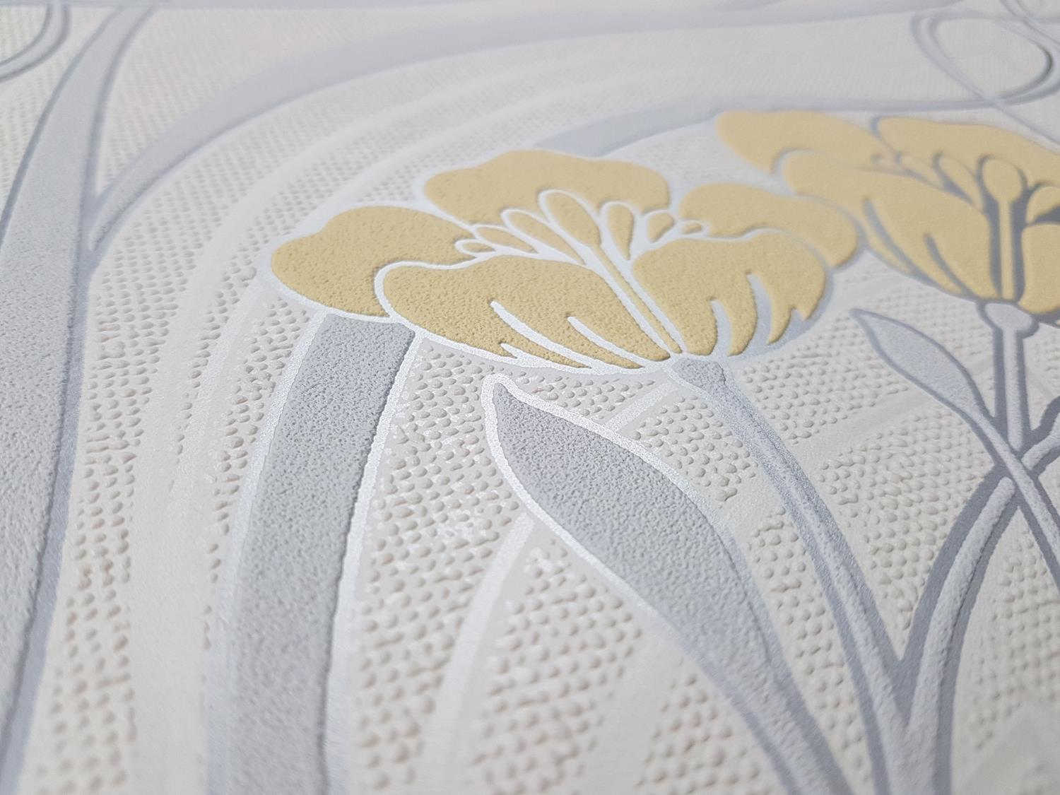 Evelyn Floral Grey Yellow Pink Wallpaper Metallic Cream Flowers Vinyl