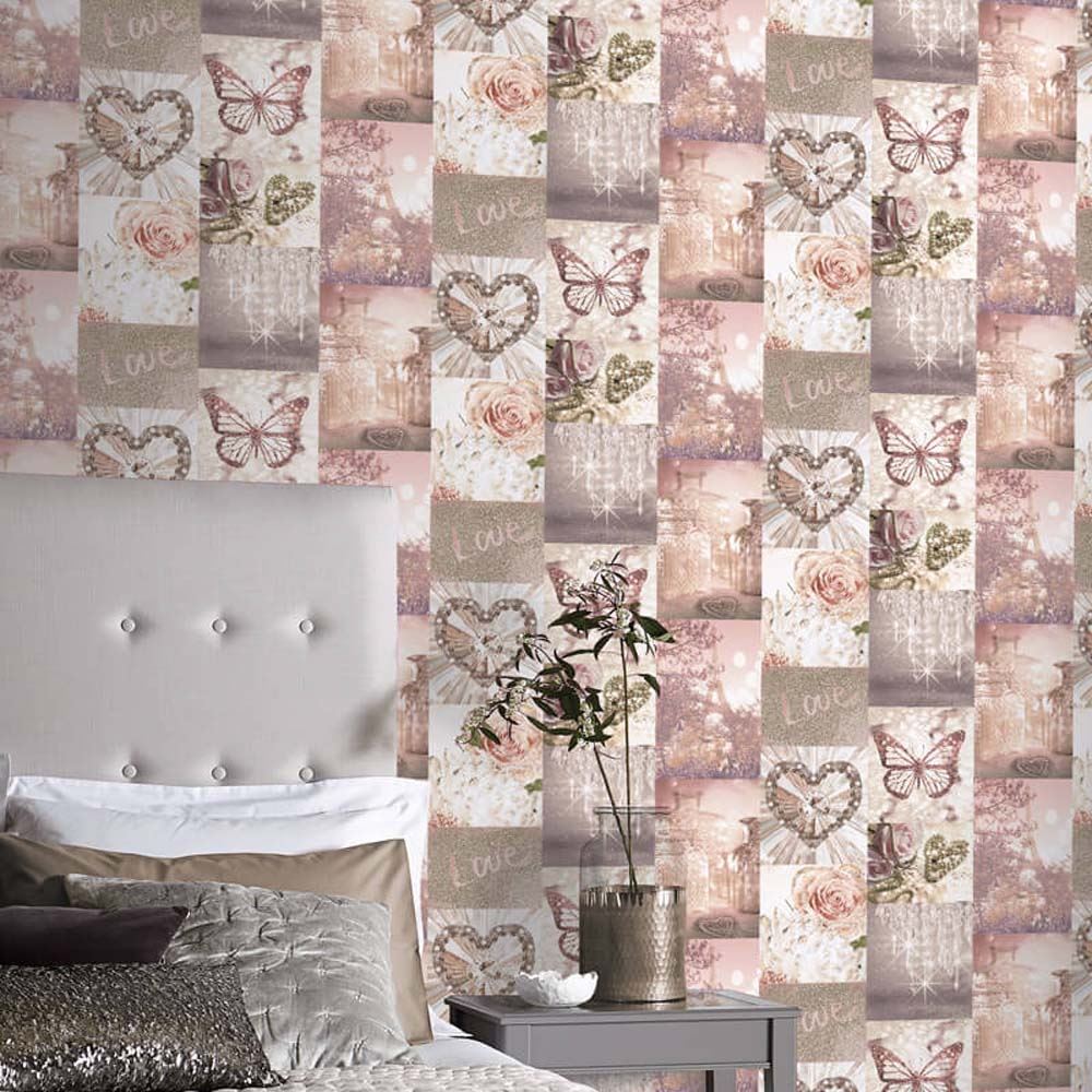 Love Paris Wallpaper Blush Pink Arthouse Glitter Sparkle Butterfly