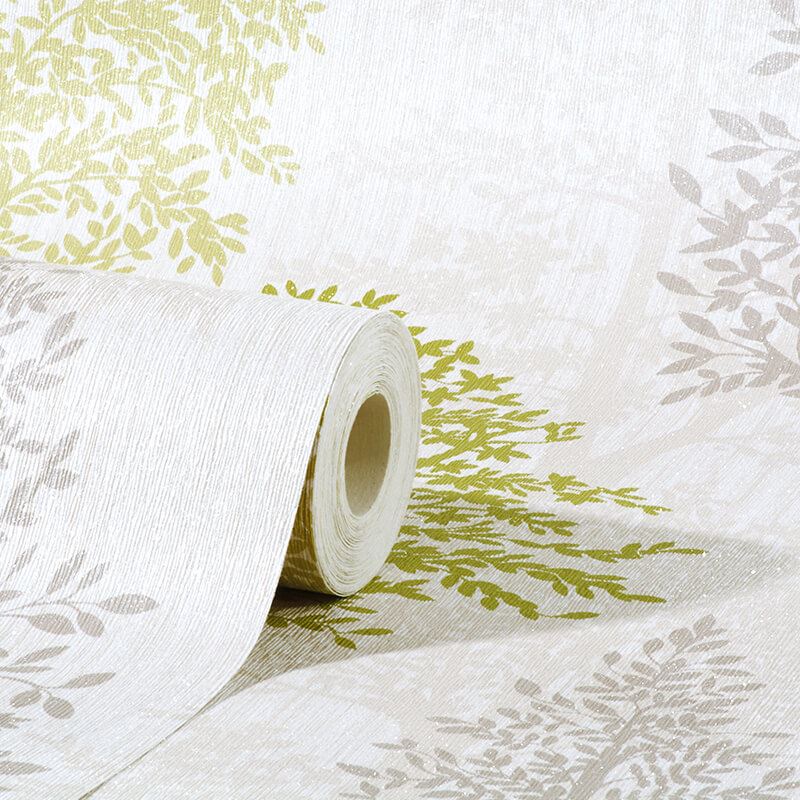 Tree Woodland Forest Green Grey Glitter Vinyl Textured Wallpaper