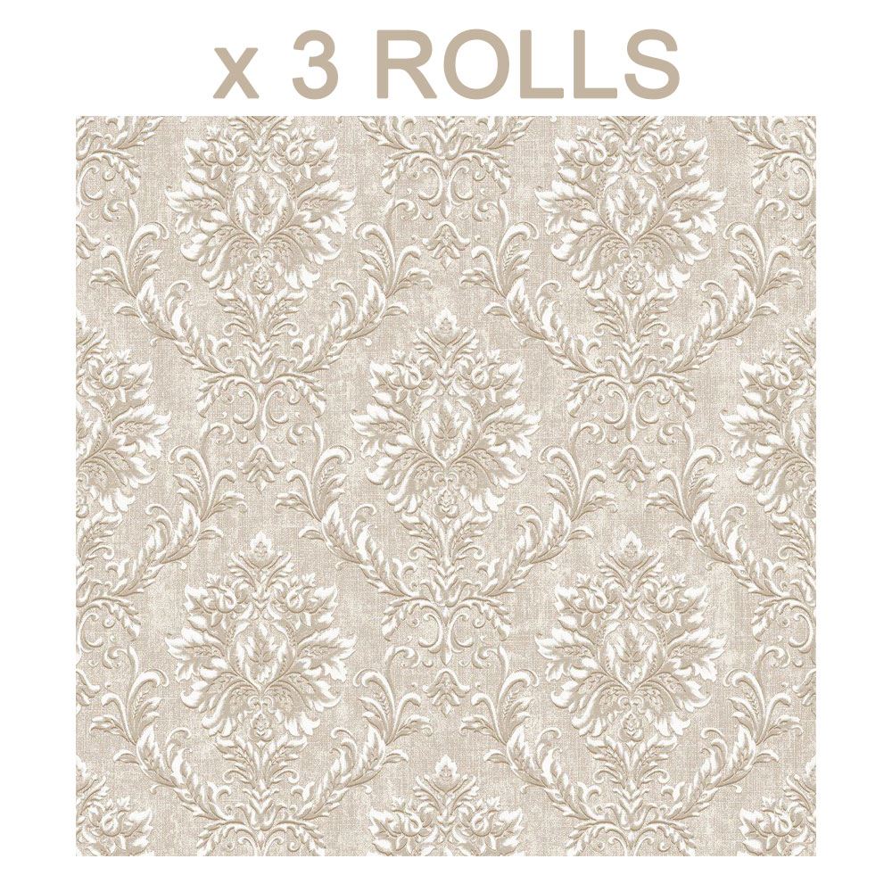 Cream Beige Damask Shimmer Wallpaper Luxury Villa Grandeco x 3