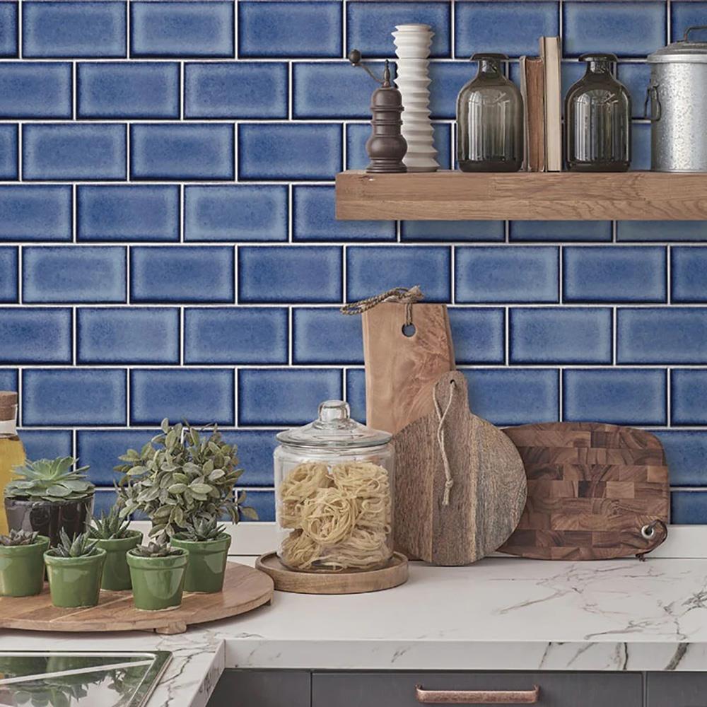 Design ID Subway Tile Vinyl Wallpaper Beige Navy Sky Blue Paste The Wall Modern eBay