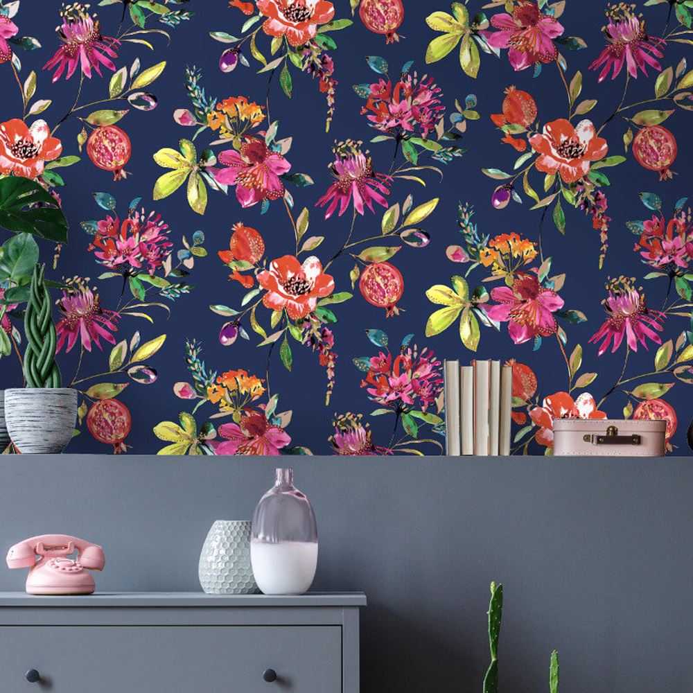 Floral Flowers Wallpaper Metallic Navy Gold Botanical Holden Decor