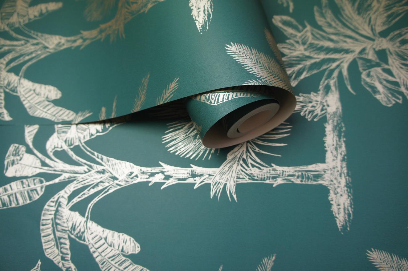 Palm Tree Wallpaper Teal Pink Blue Gold Metallic Tropical Shimmer