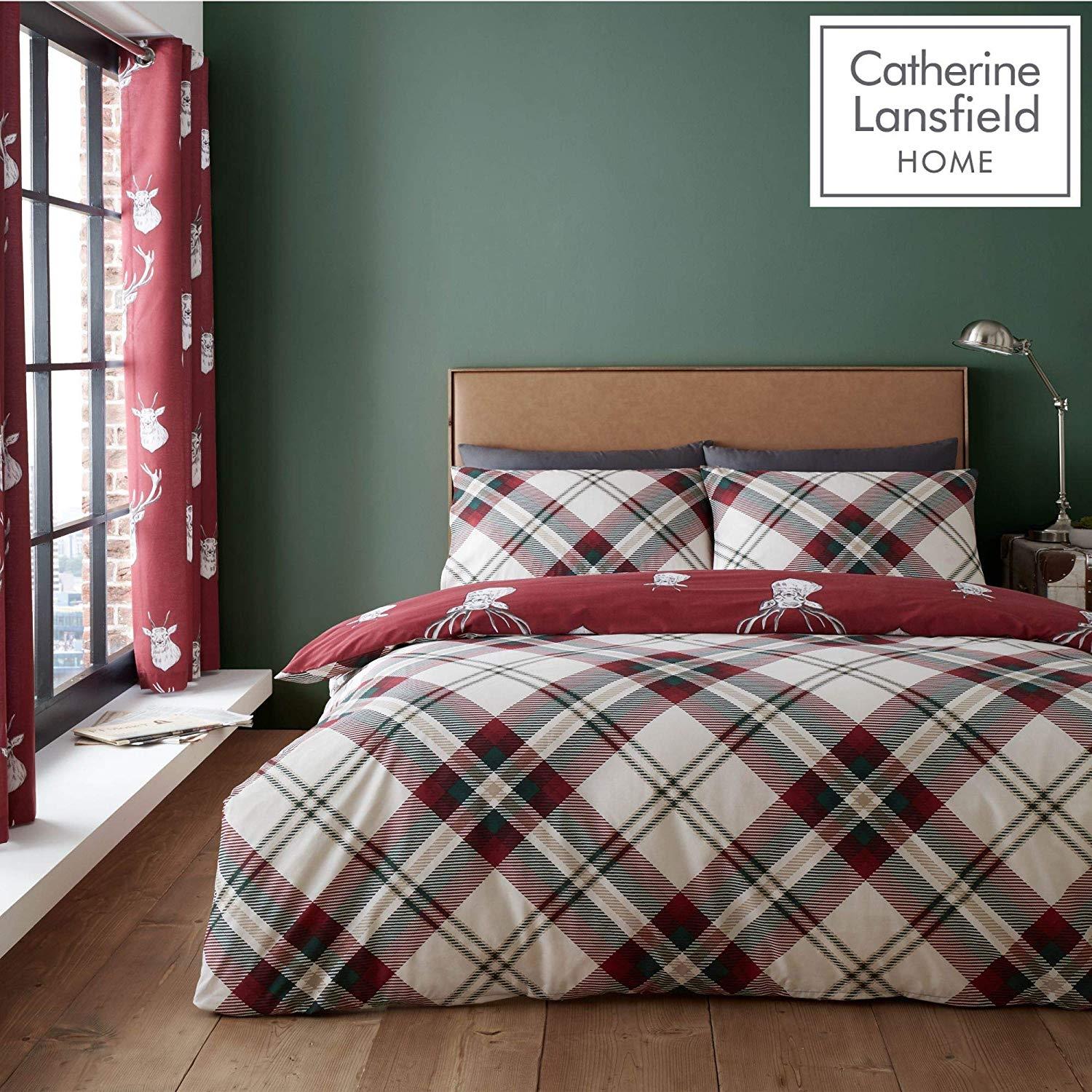 Catherine Lansfield Stag Check Red Duvet Set Reversible ...