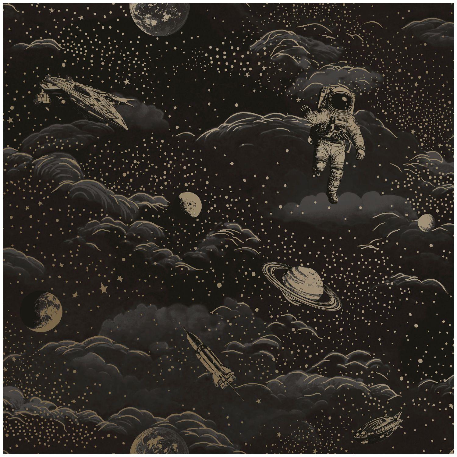 Lost In Space Black Gold Blue Silver Wallpaper Washable Kids Room Toy Room - Picture 2 of 14