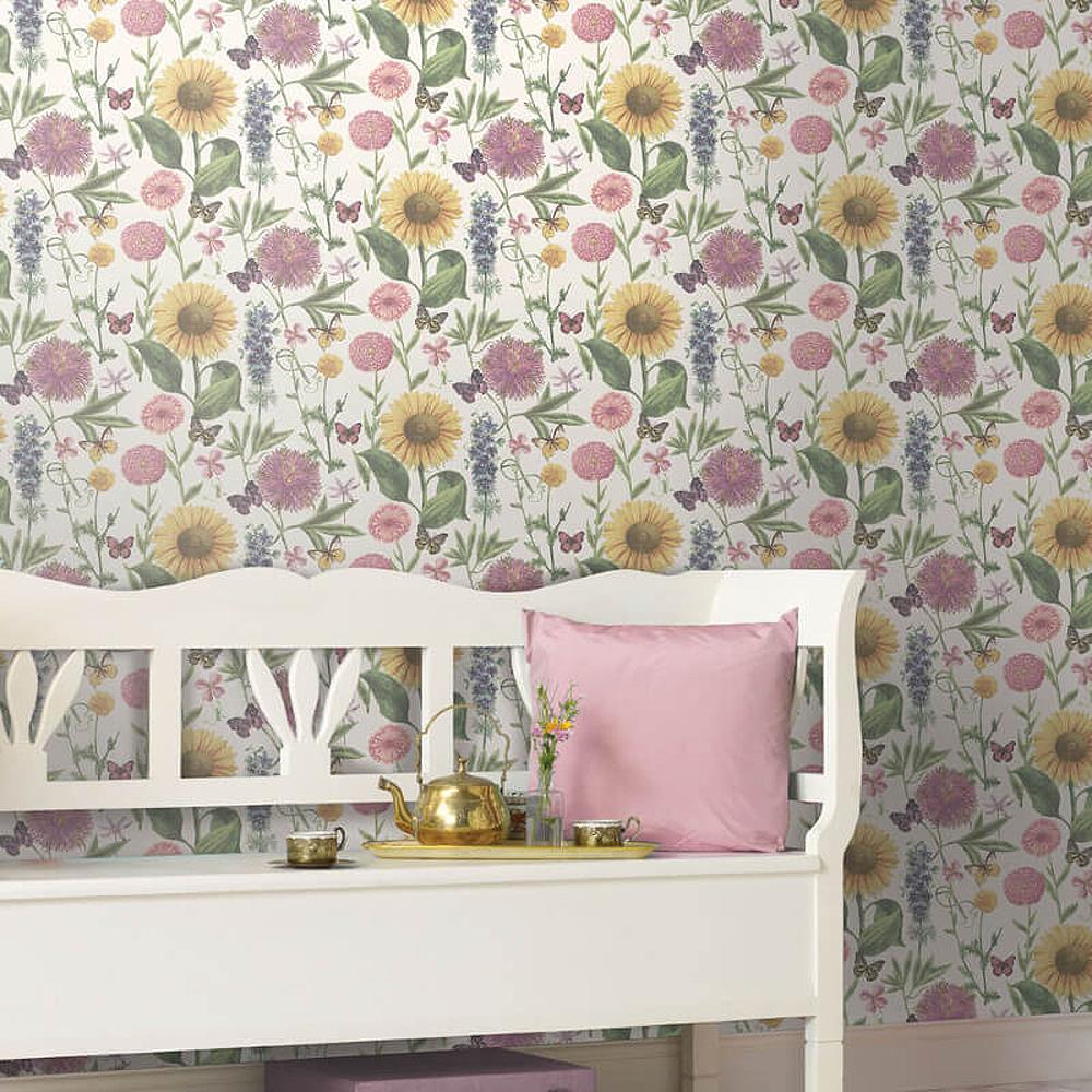 Summer Garden Flower Floral Wallpaper Metallic Sunflower Butterfly Leaf Arthouse