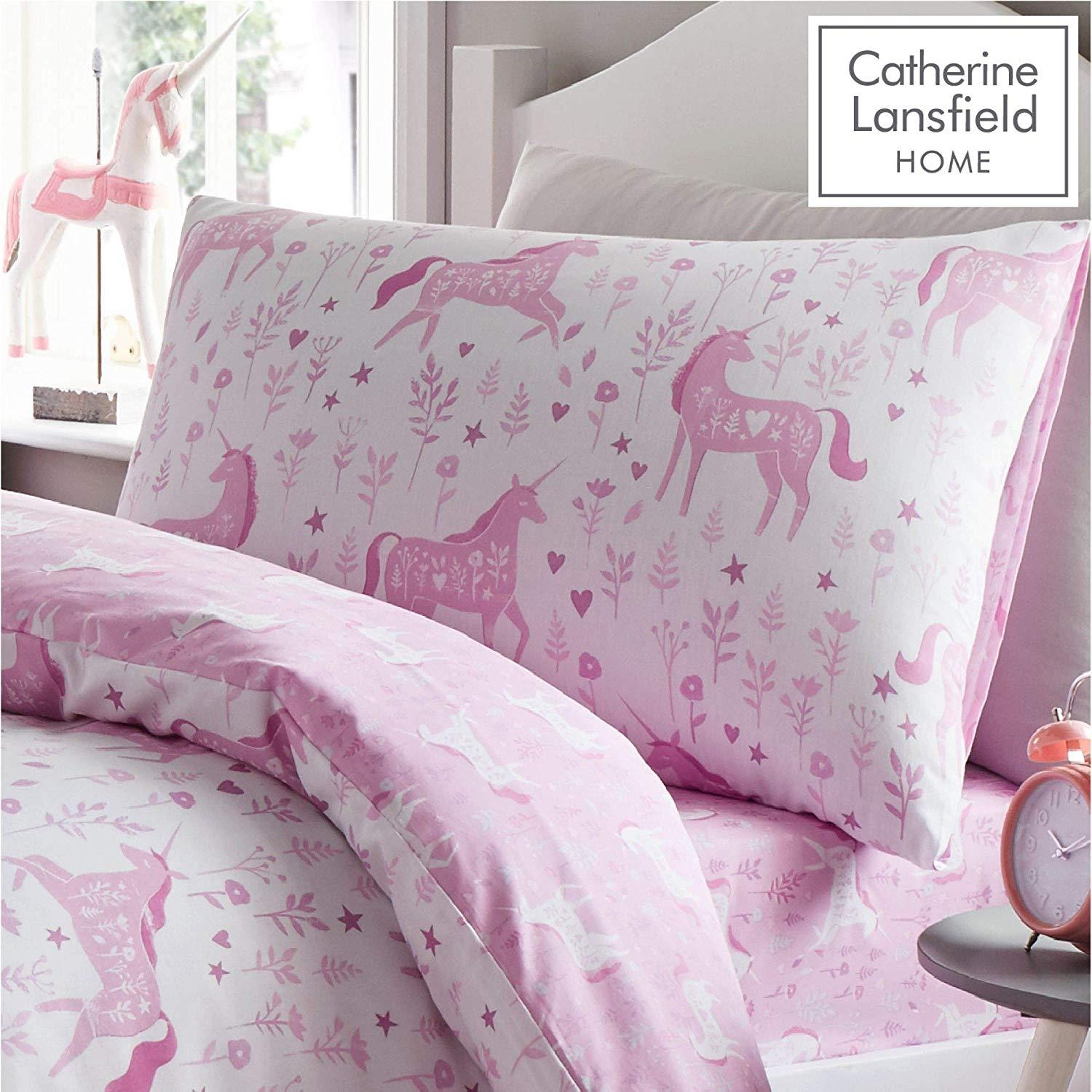 Catherine Lansfield Folk Unicorn Pink Duvet Set Reversible Bedding