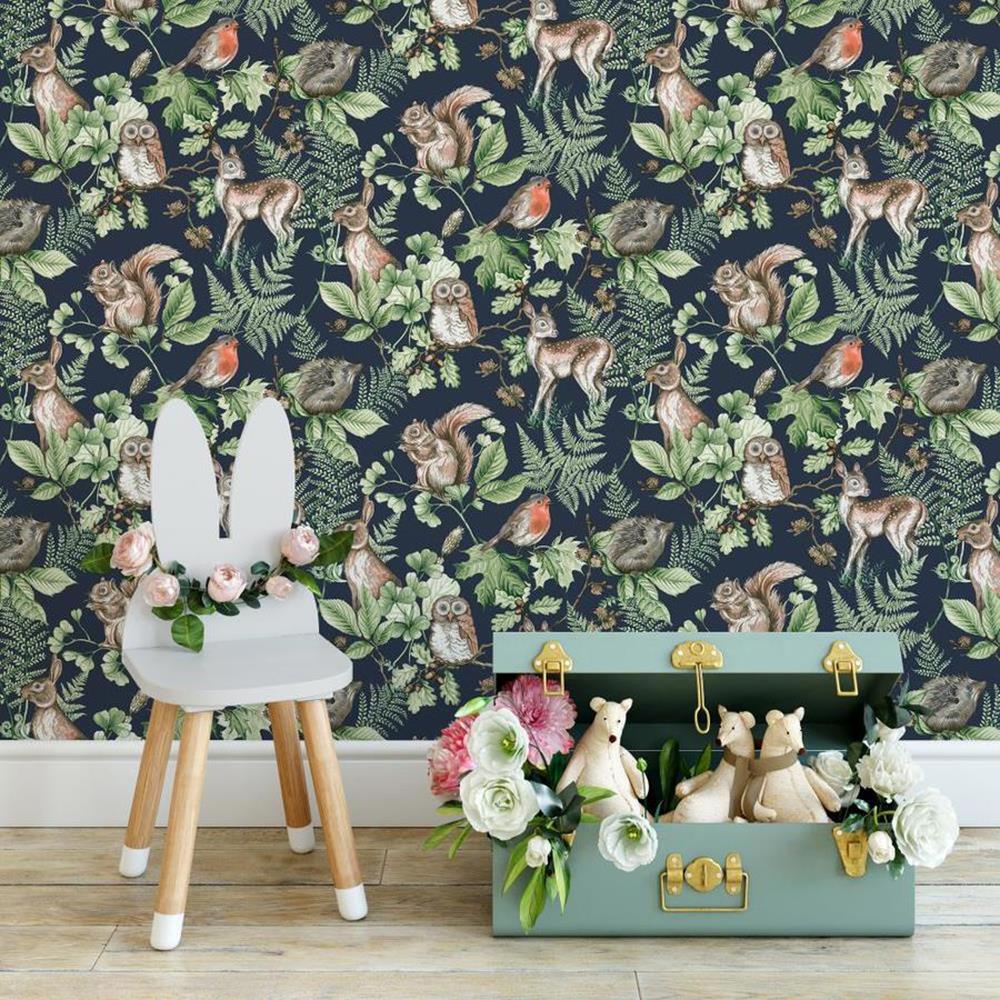 Woodland Animals Wallpaper Nature Forest Leaves Trees Navy Green Natural Matt