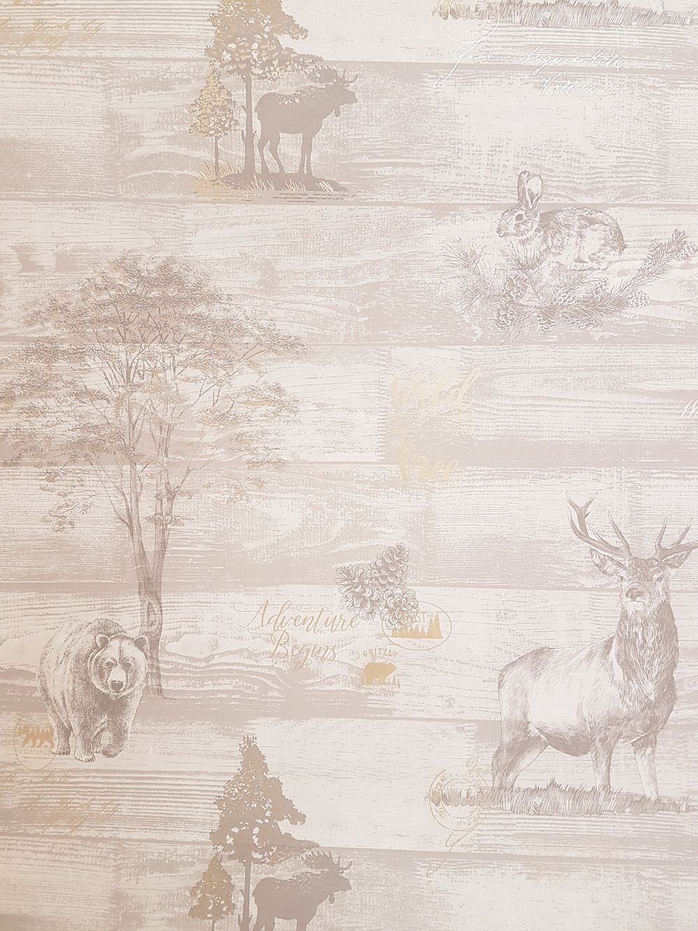 Animal Print Wallpaper Stag Bear Oakley Grey Gold Metallic Woodland