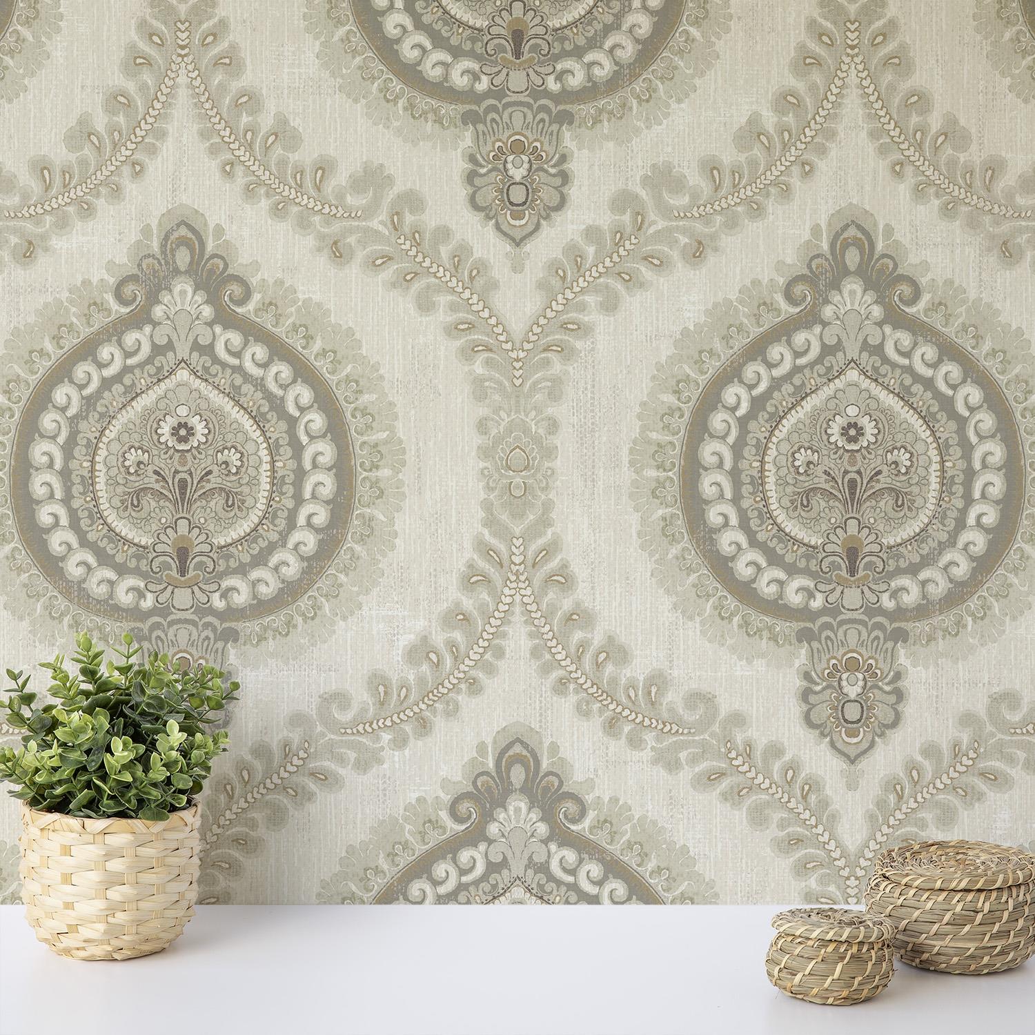 Wallquest Sunhani Damask Wallpaper Classic Traditional Floral Acrylic Coated - Picture 9 of 22