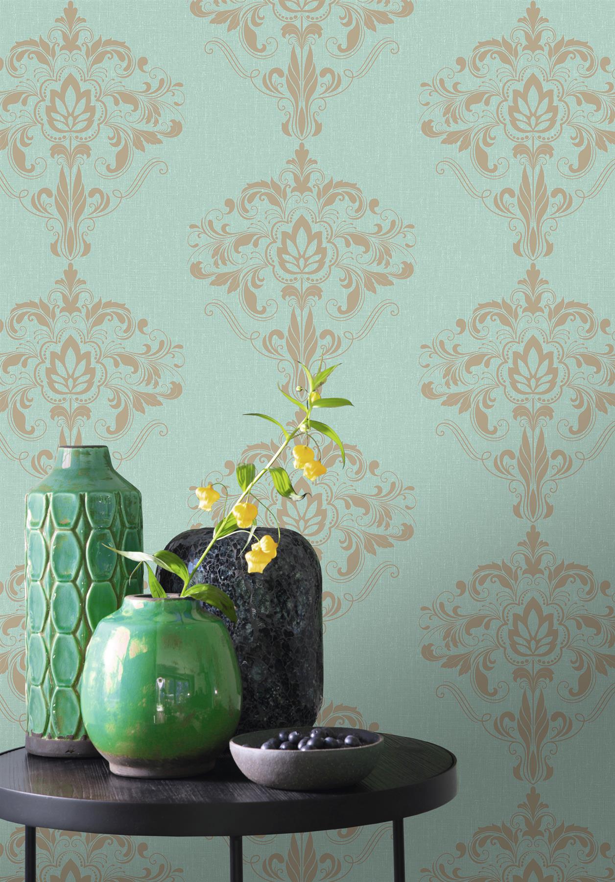 Rasch Marlow Damask Wallpaper Grey Yellow Blue Gold Silver Metallic