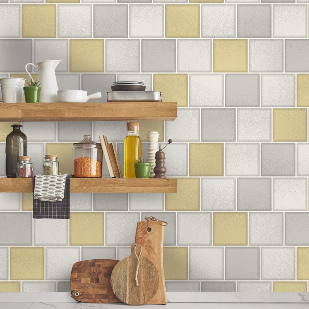 Glass Tile Effect Wallpaper Yellow Grey Textured Vinyl Kitchen Holden
