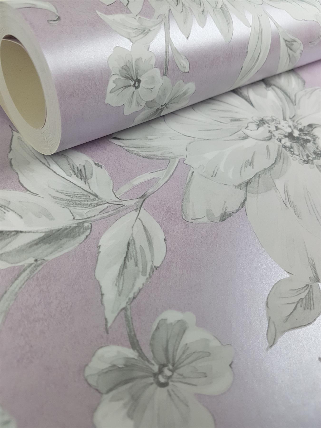 Crown Lucia Mauve Yellow Blue Silver Floral Wallpaper Pearlescent