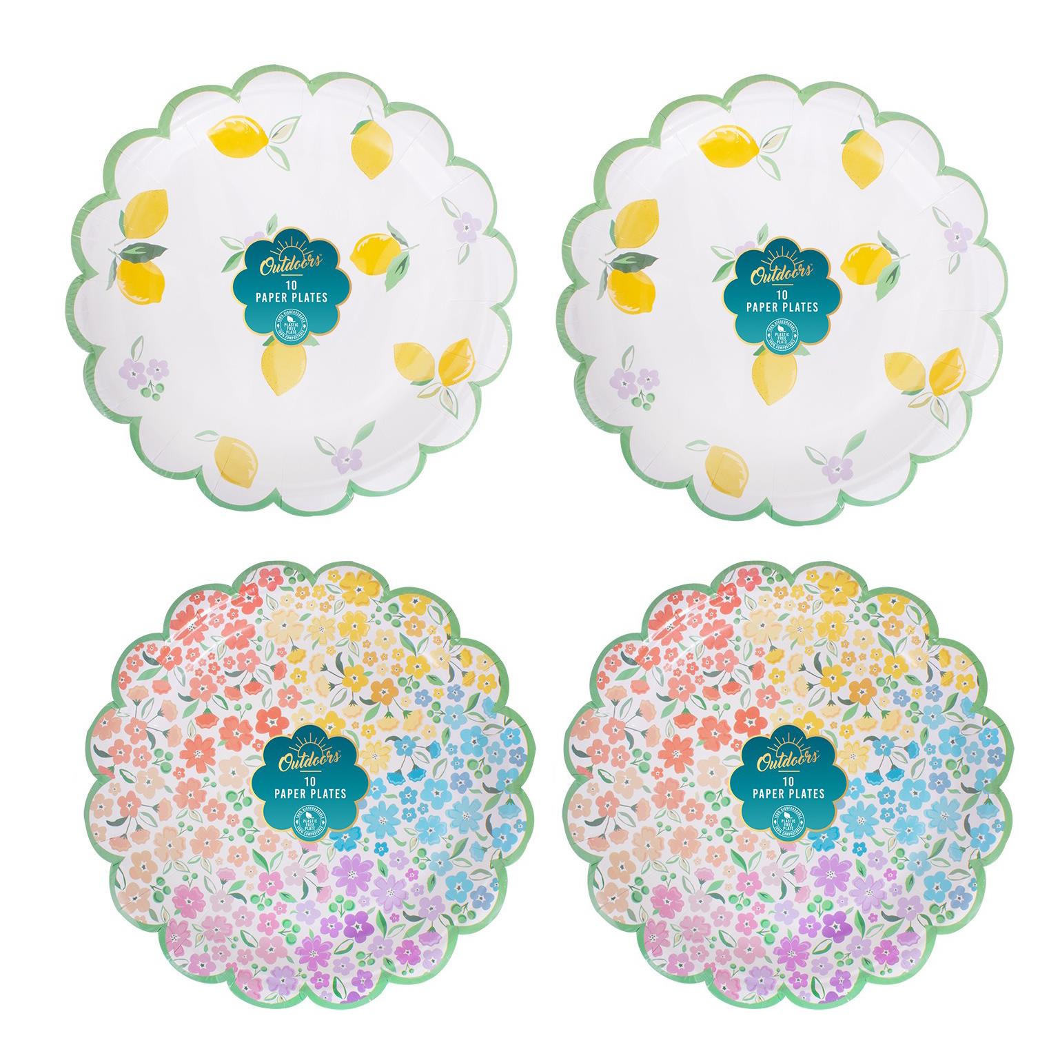 Pequeñas placas de papel con borde de vieira diseño floral limón cena picnic fiesta - Imagen 8 de 13