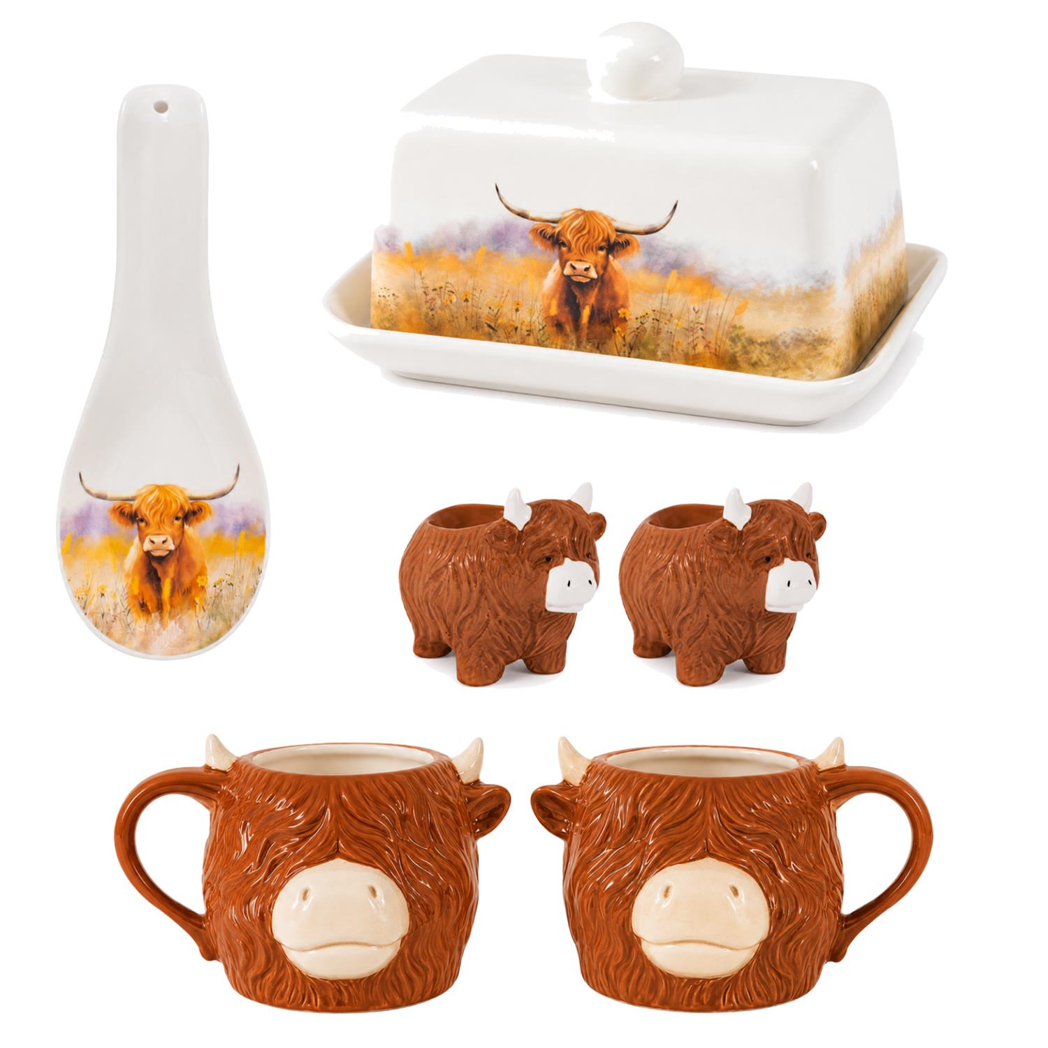 Highland Cow Kitchen Tableware Set Butter Dish Spoon Rest Egg Cups Mugs