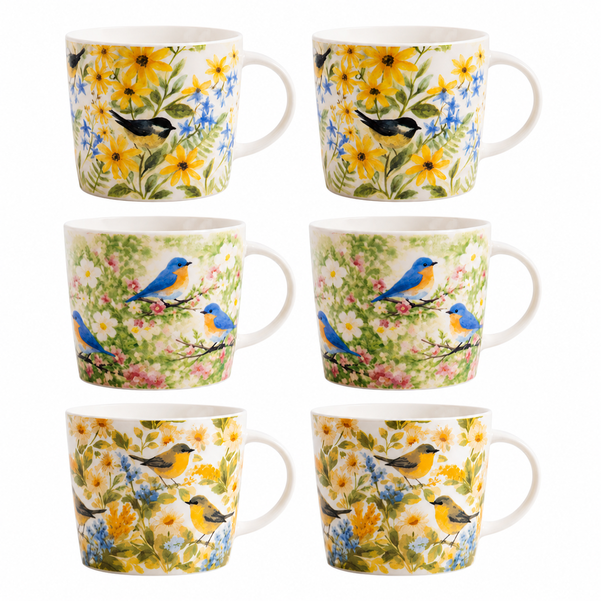 Set of 6 Mugs New Bone China Birds Flowers Green Yellow 350ml Tea Coffee Cups