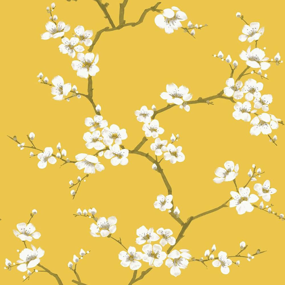 FLORAL APPLE BLOSSOM Wallpaper Cherry Ochre Teal Yellow White Pink £13.