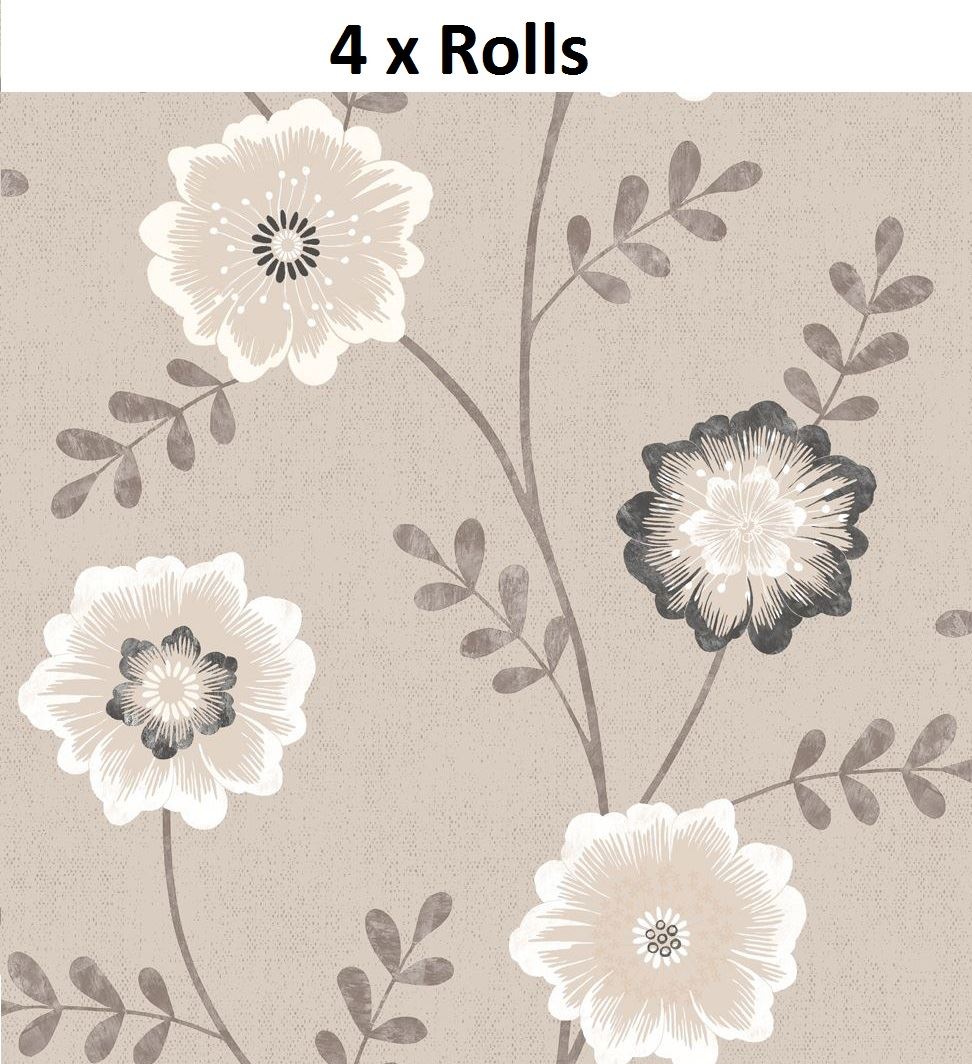 4 x Beige Cream Neutral Floral Wallpaper Flower Leaf Stem